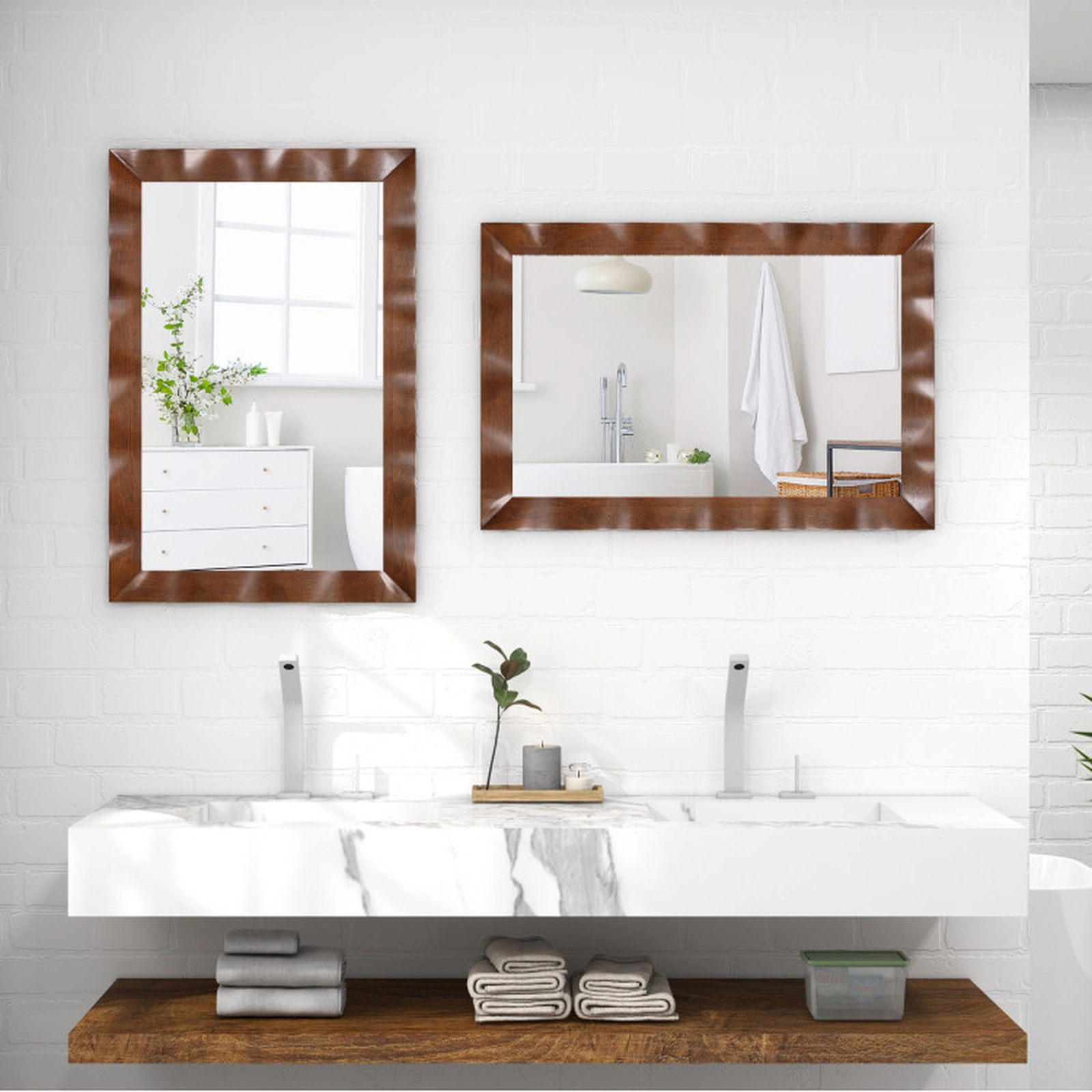 SUGIFT 41.5 x 28 in Farmhouse Rectangular Wall Mirror with 1-in Thick Rubberwood Frame and MDF Back Brown