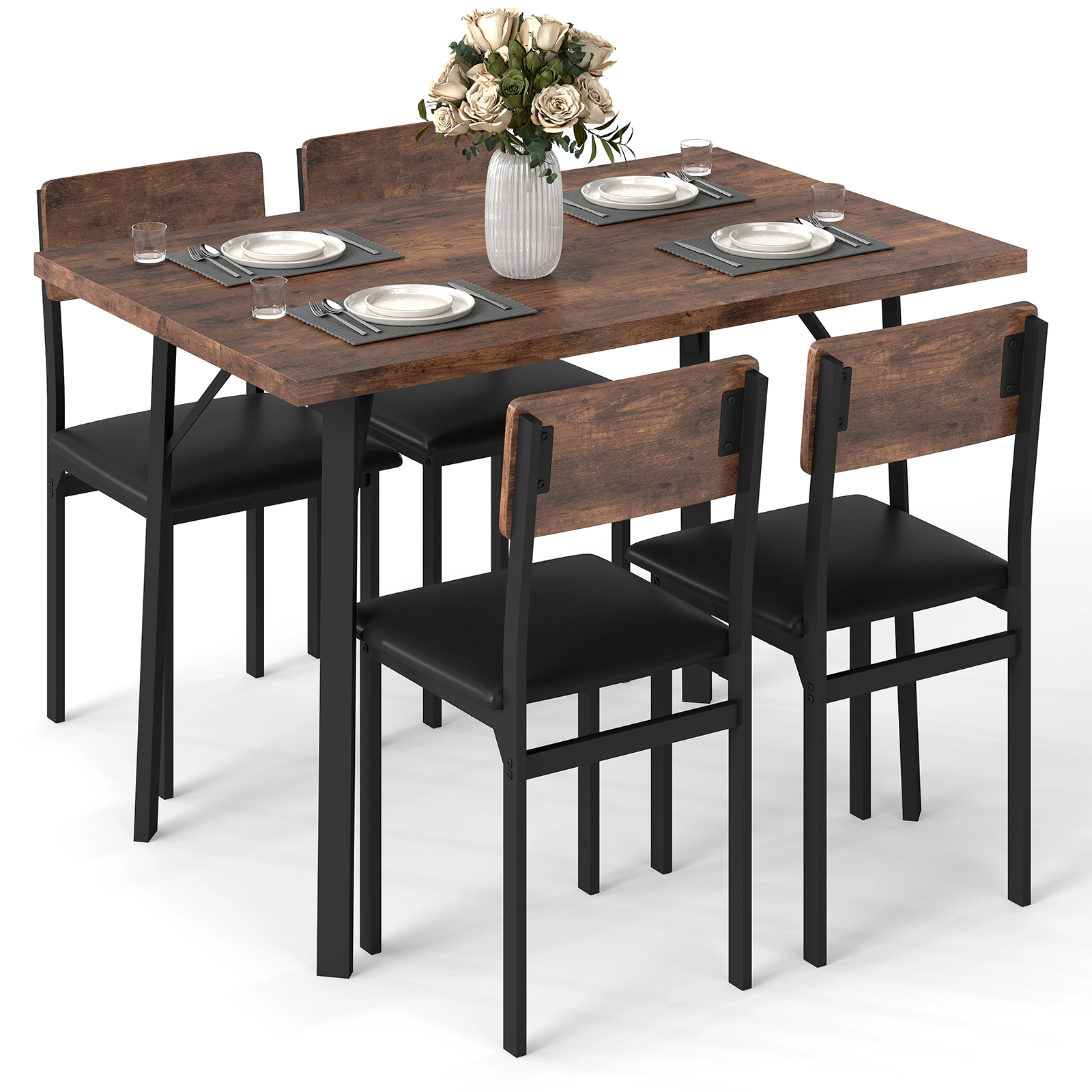 LJG 5-Piece Dining Table Set for 4 People Industrial Kitchen Table and 4 PU Leather Chairs