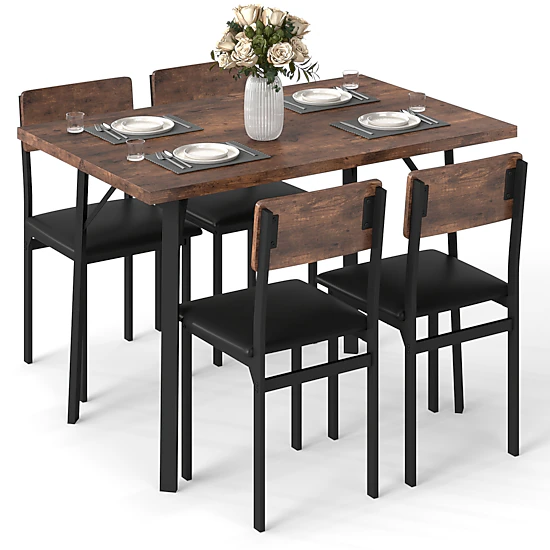LJG 5-Piece Dining Table Set for 4 People Industrial Kitchen Table and 4 PU Leather Chairs