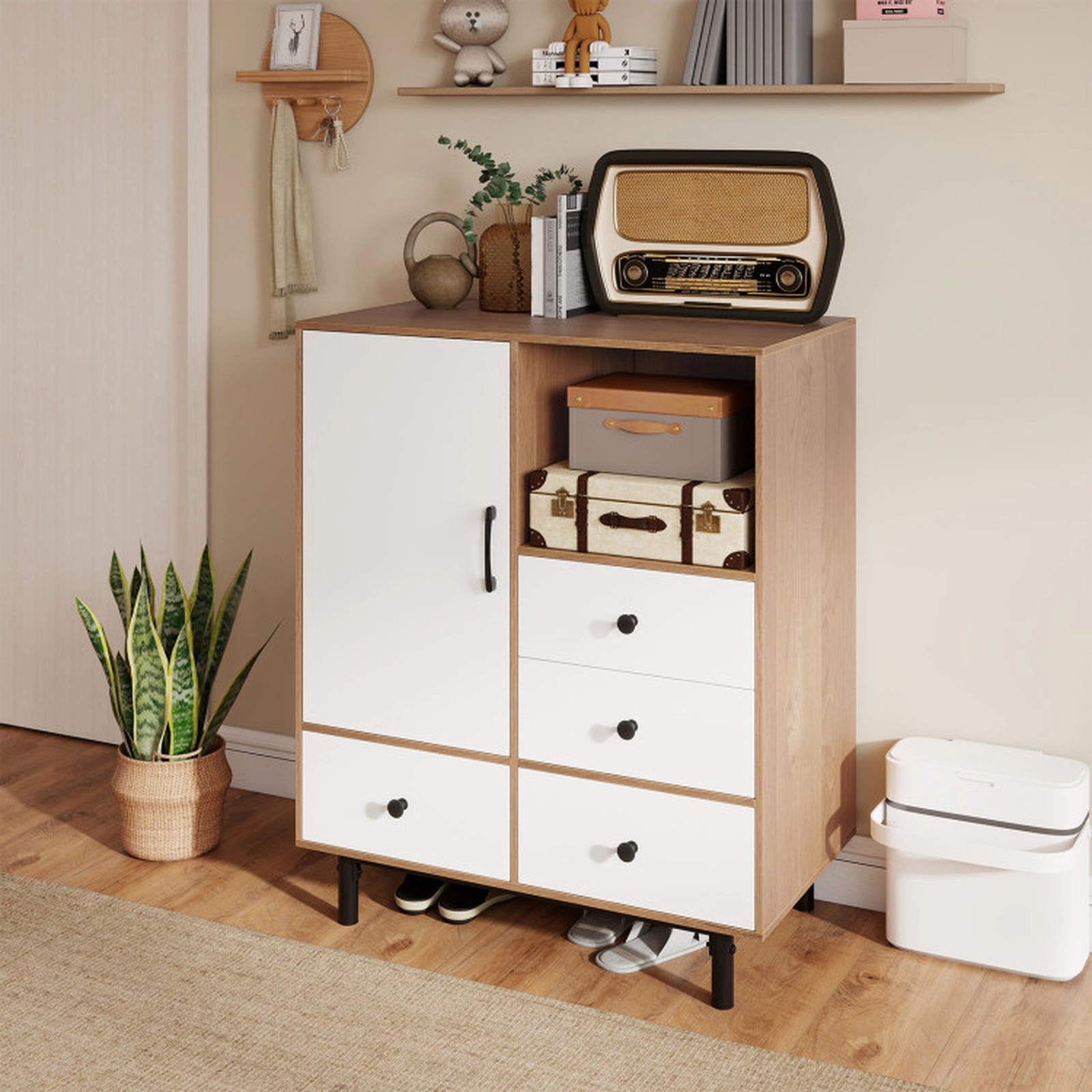 SUGIFT Mid Century Modern Buffet Sideboard Storage Cabinet with 4 Drawers and Open Compartment 265-lb Capacity Natural