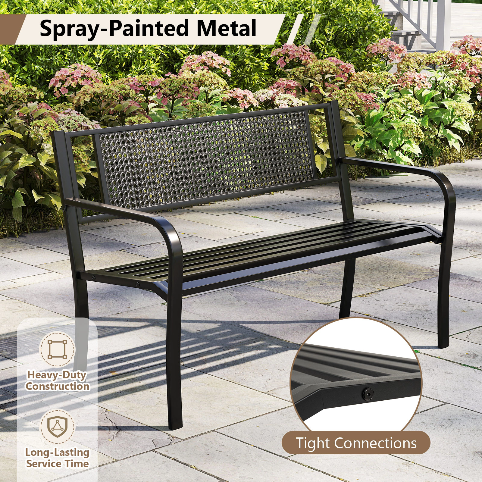 SUGIFT 50-Inch Black Metal Outdoor Garden Bench with Patterned Back and Curved Armrests