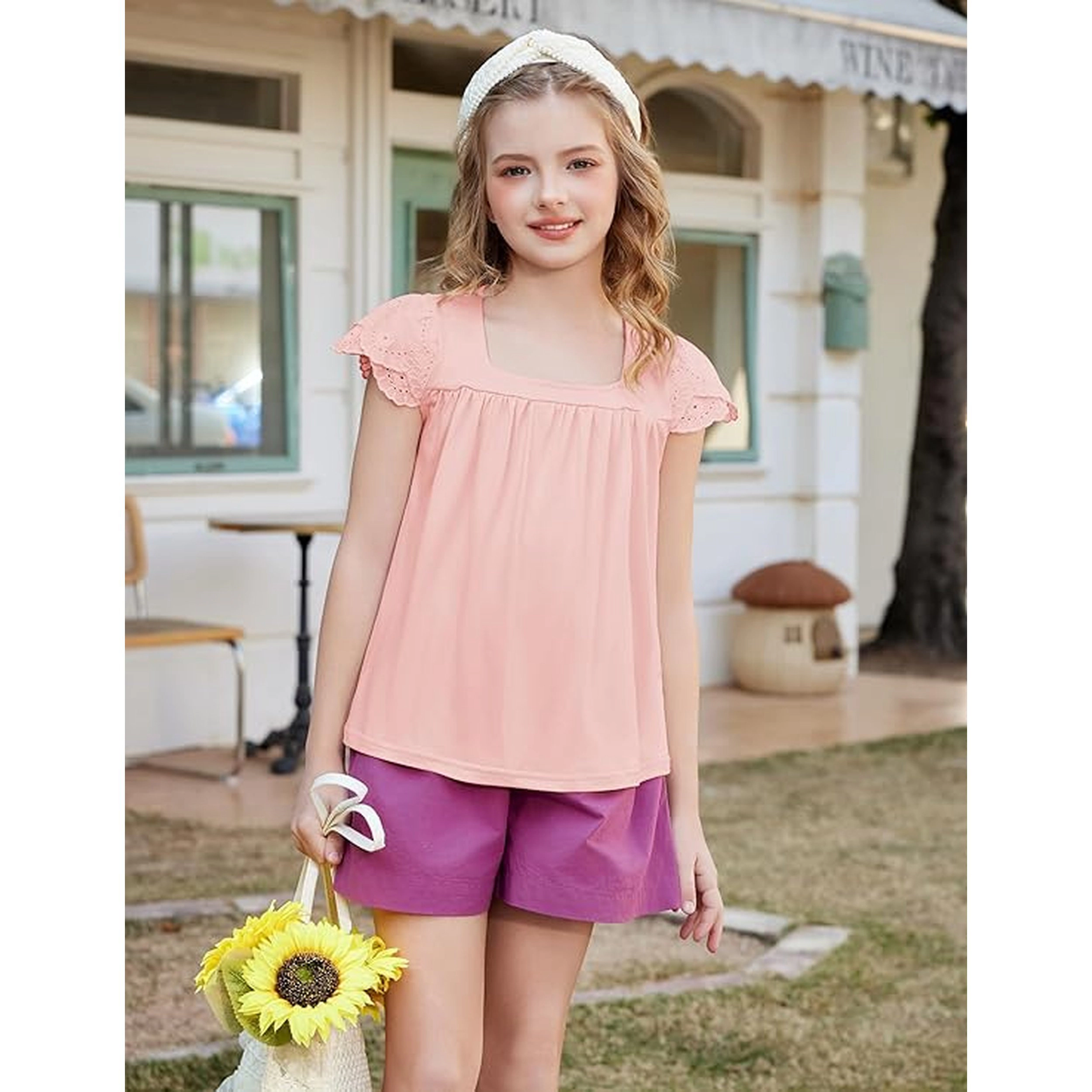 Arshiner Girls Shirts Short Sleeve Square Neck Summer Lace Openwork Pleated Tops Blouse Tunic