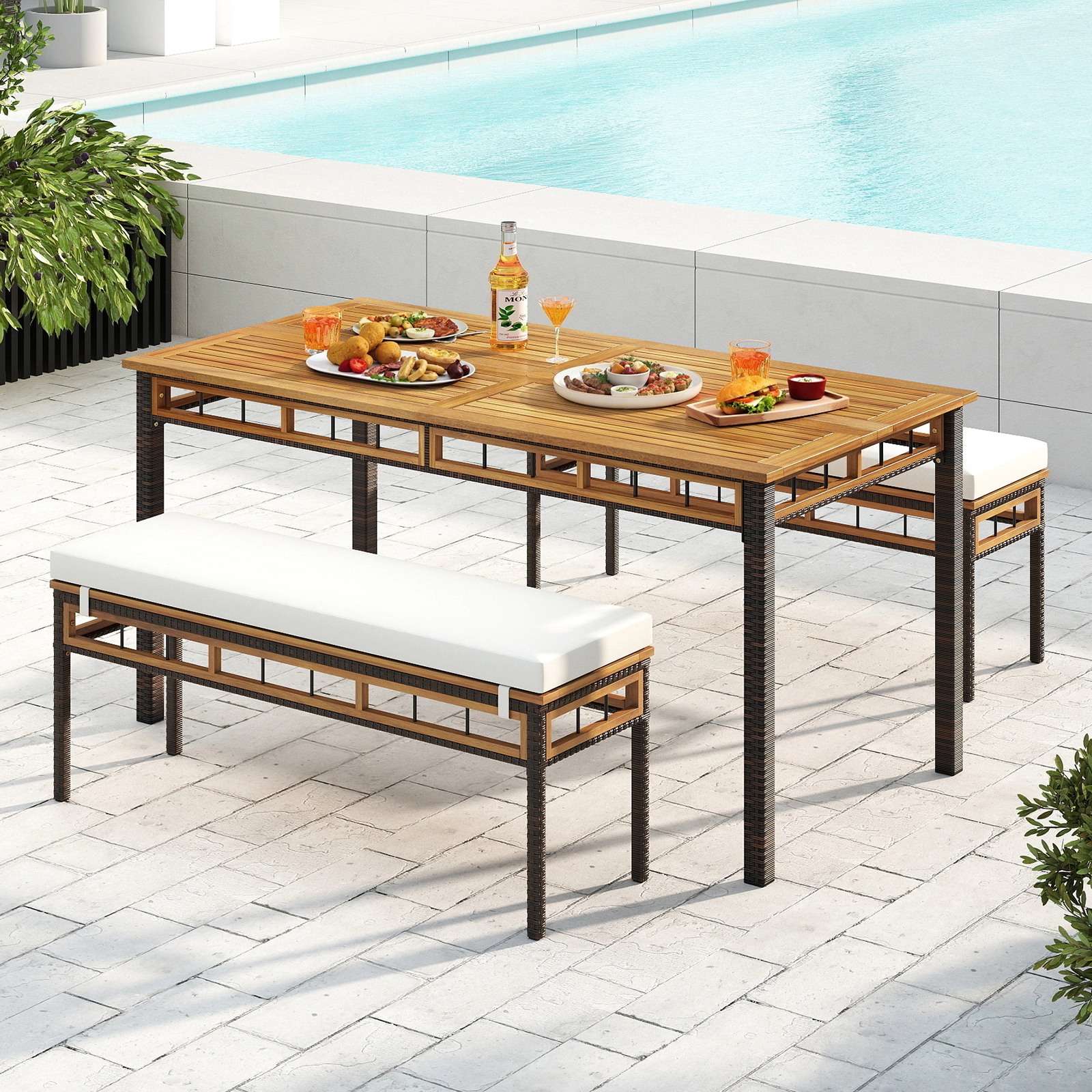 SUGIFT 3-Piece Acacia Wood Patio Dining Set, 63-Inch Table, 2 Benches, Umbrella Hole