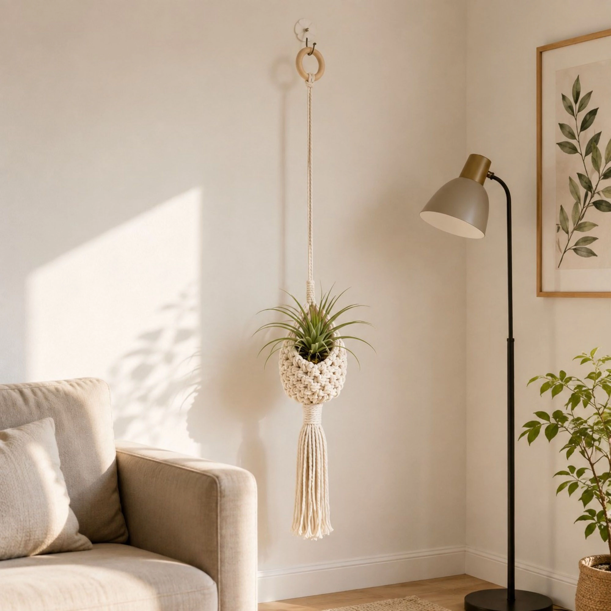 Alilang Unisex Macrame Hanging Basket with Wood Ring Tassel for Plant and Home Storage