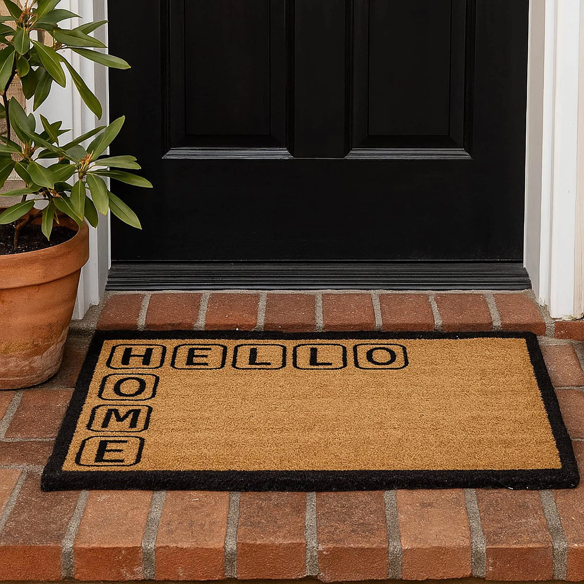 Evideco French Home Goods Natural and Black Hello Home Coir Doormat 30 x 18 Inches