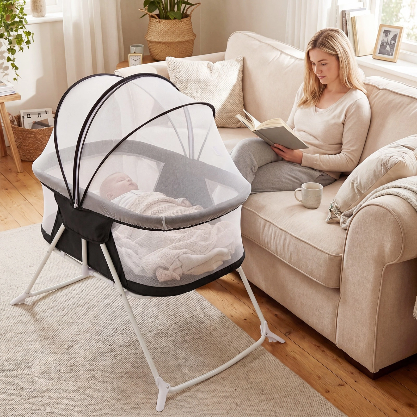 SUGIFT 2-in-1 Rocking and Stationary Baby Bassinet Bedside Sleeper 66-lb Capacity Ages 0-5 Months Black with Mesh Canopy