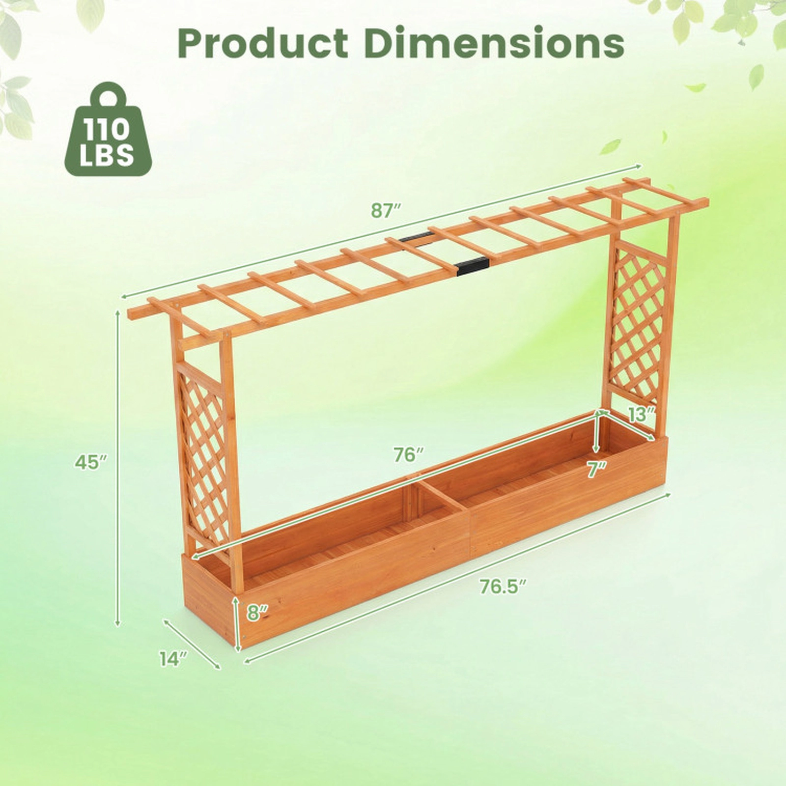 SUGIFT 45-in Tall Fir Wood Planter Raised Garden Bed with Side Trellis and Hanging Roof 110-lb Capacity Natural/Orange