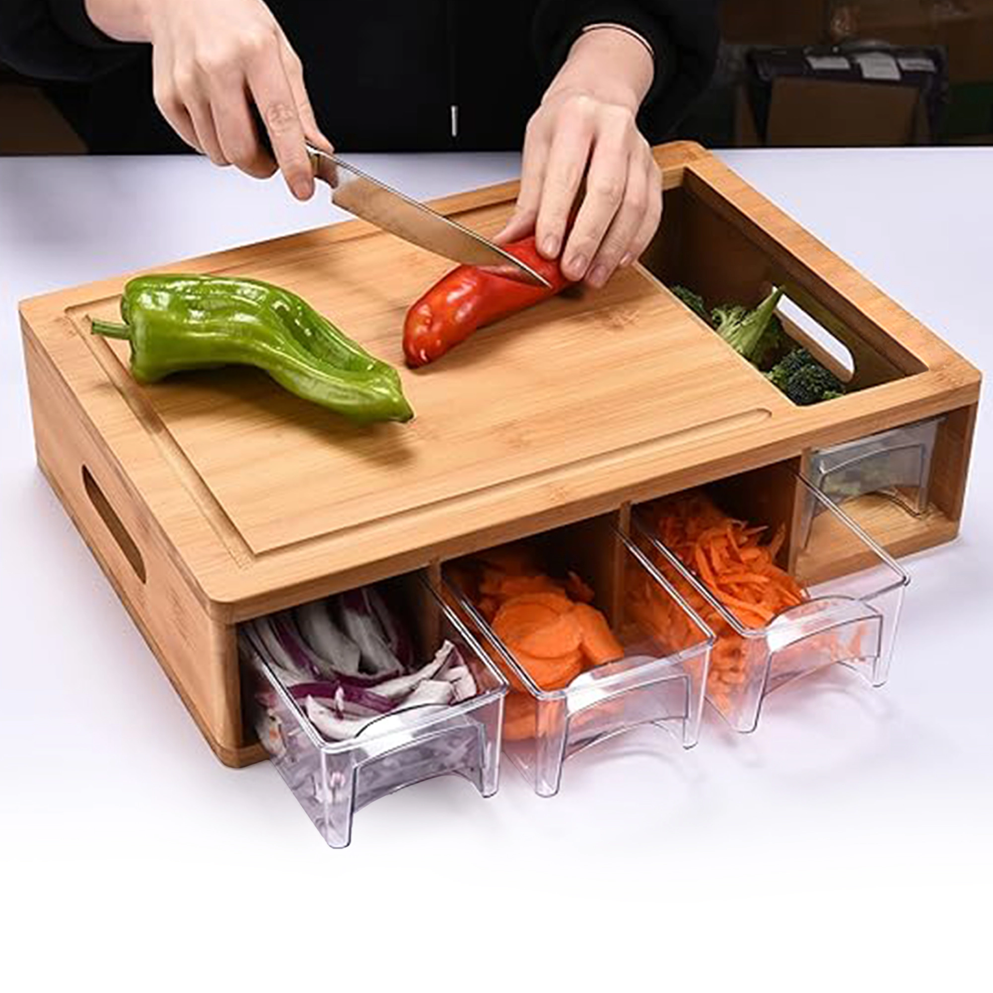 Cheer Collection Bamboo Cutting Board with 4 Removable Prep Trays, Juice Groove and Handles