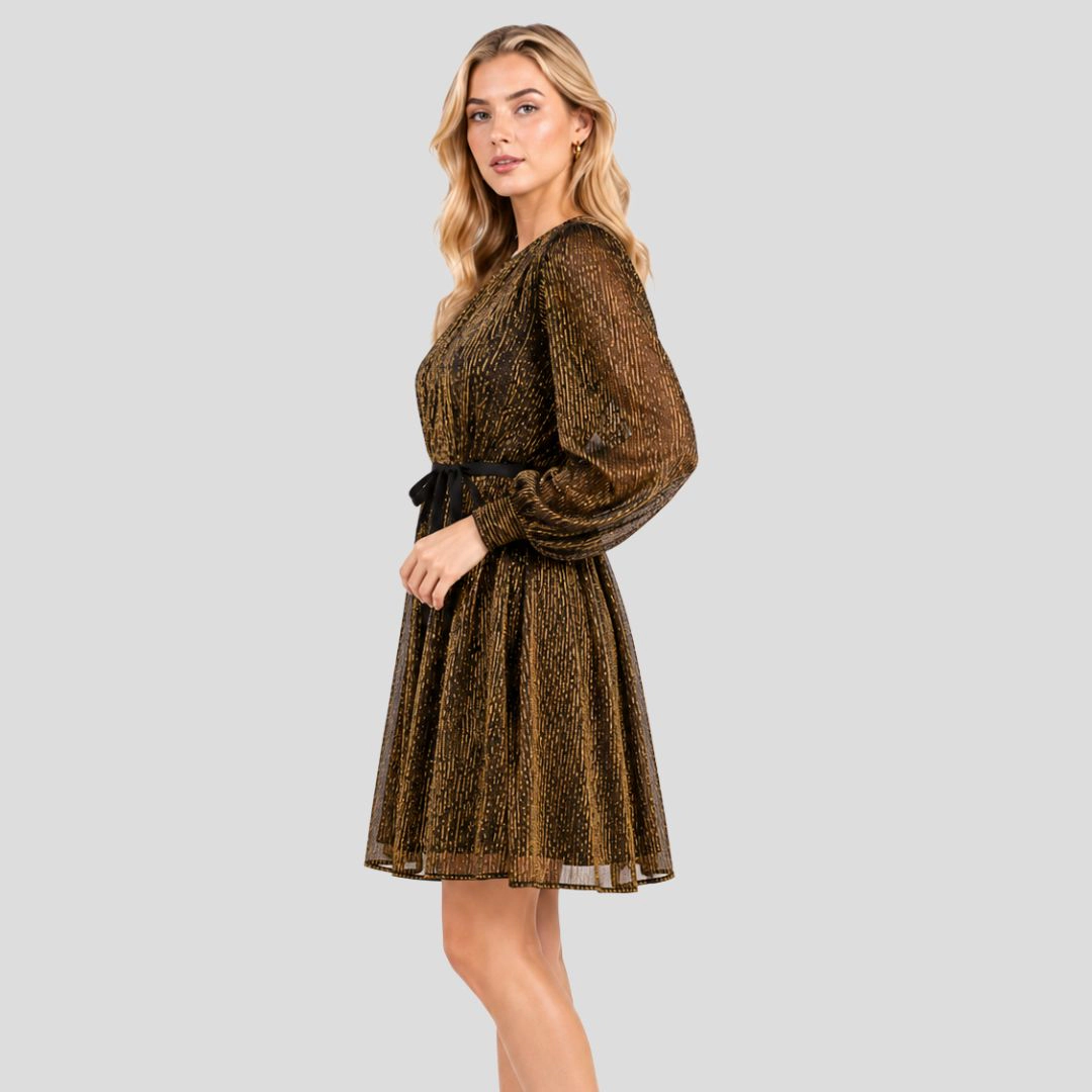Artyska Women's Crewneck Shimmer Balloon Sleeve Tie-Waist Dress