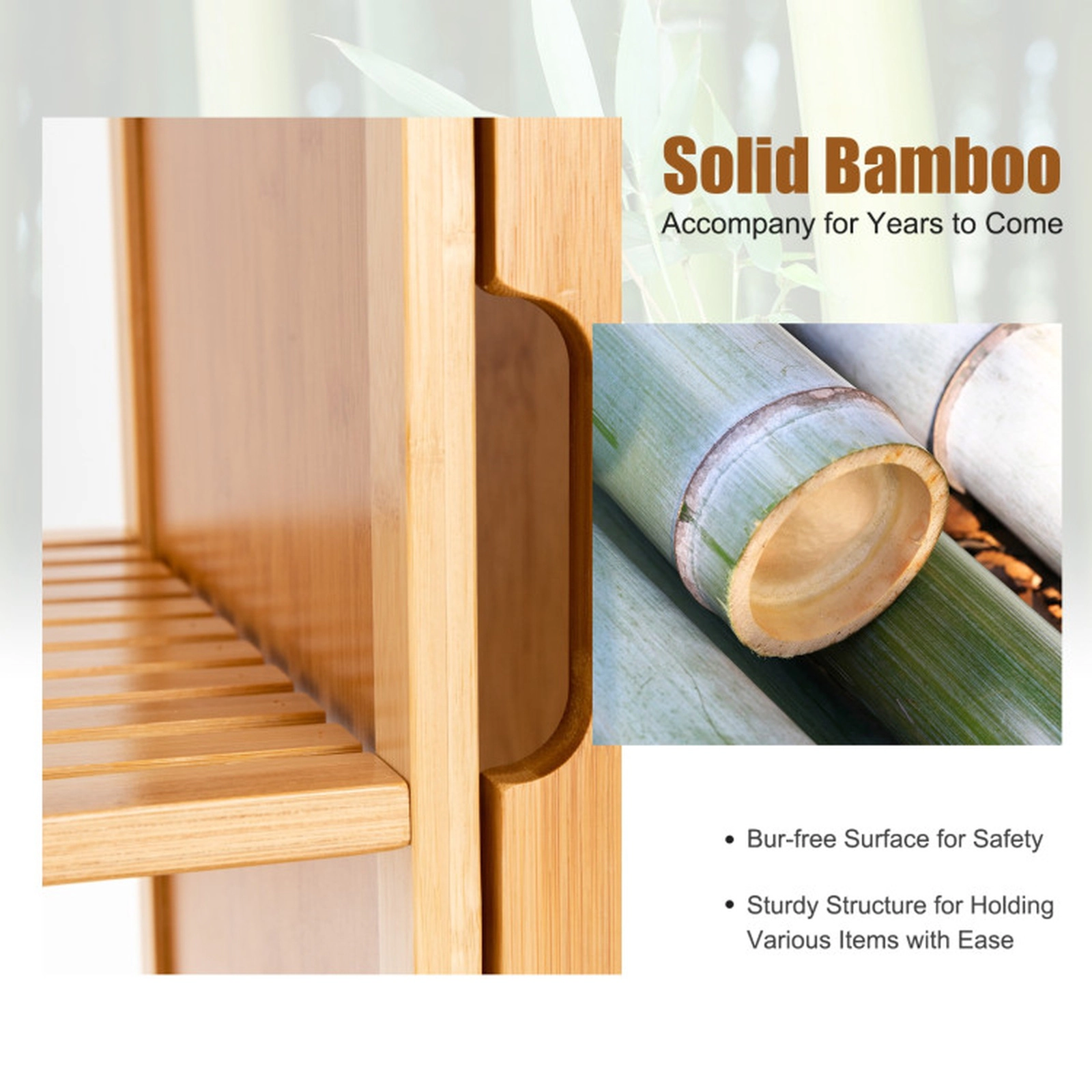 SUGIFT Natural 110-lb Top Capacity Bamboo Bathroom Storage Cabinet with Single Louvered Door and 3 Shelves