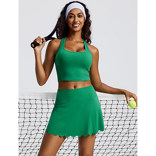 Pinspark Womens Solid High Waist Skater Skirts Scalloped Hem A-Line Casual Mini Skirt