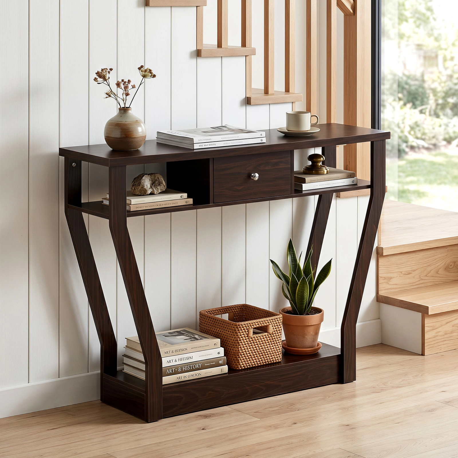 SUGIFT 3-Tier MDF Console Accent Table with Drawer 66-lb Capacity 43-in Wide Sofa Accent Table 30.5-lb Net Weight Brown