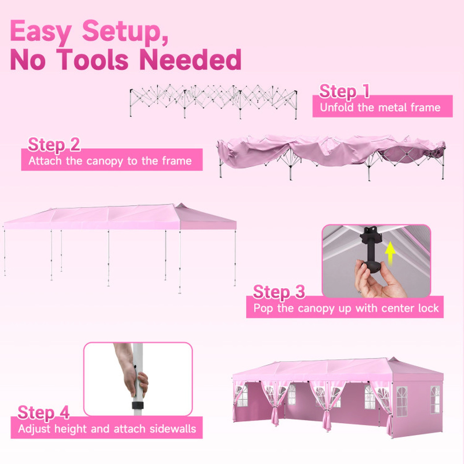 SUGIFT Pink Adjustable Pop Up Party Canopy Tent with 8 Sidewalls and 17 Ground Stakes 30-ft W 10-ft D 8.5-ft H