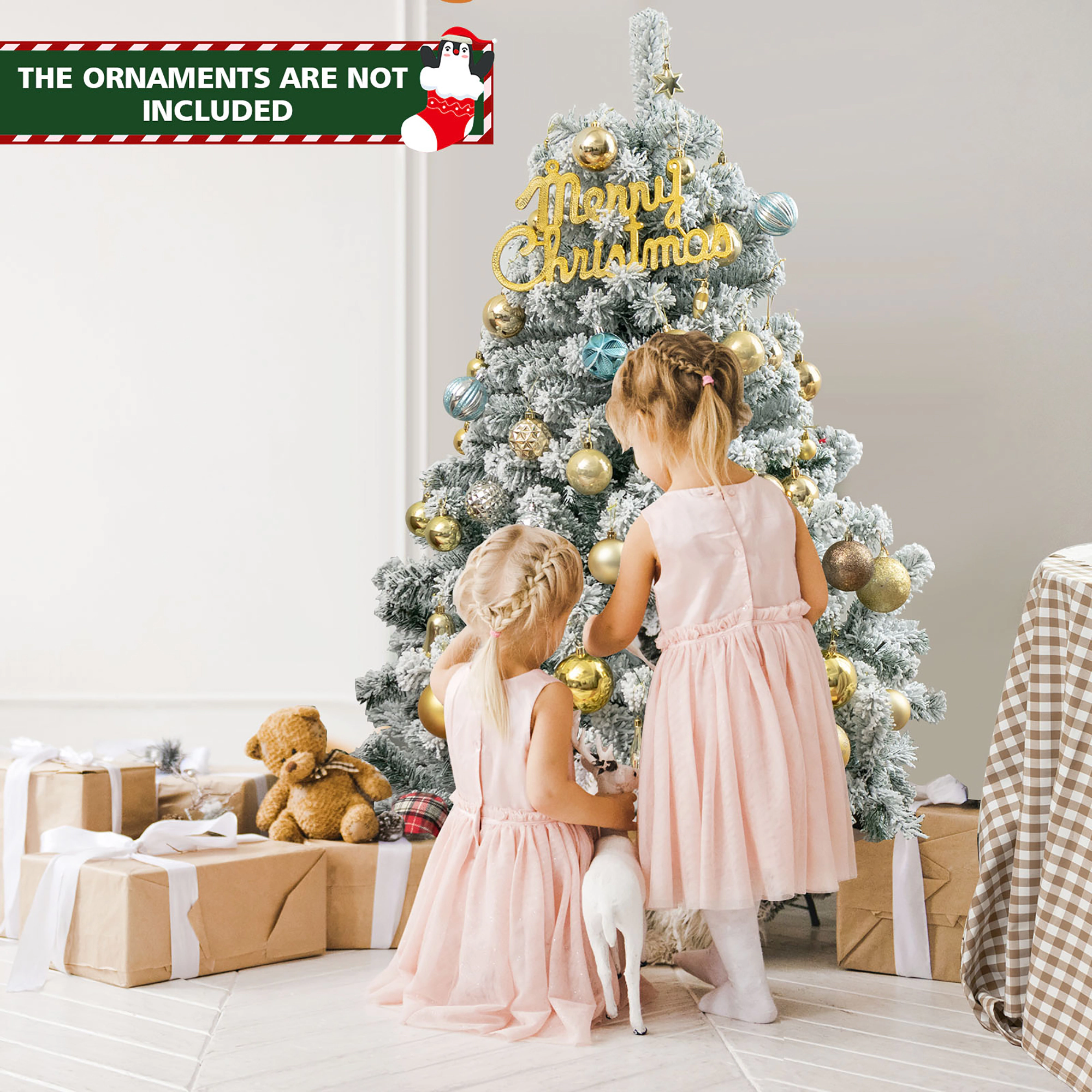 Costway 4.5/6/7.5/9ft Pre-Lit Premium Snow Flocked Hinged Artificial Christmas Tree w/150/250/450/550 Lights