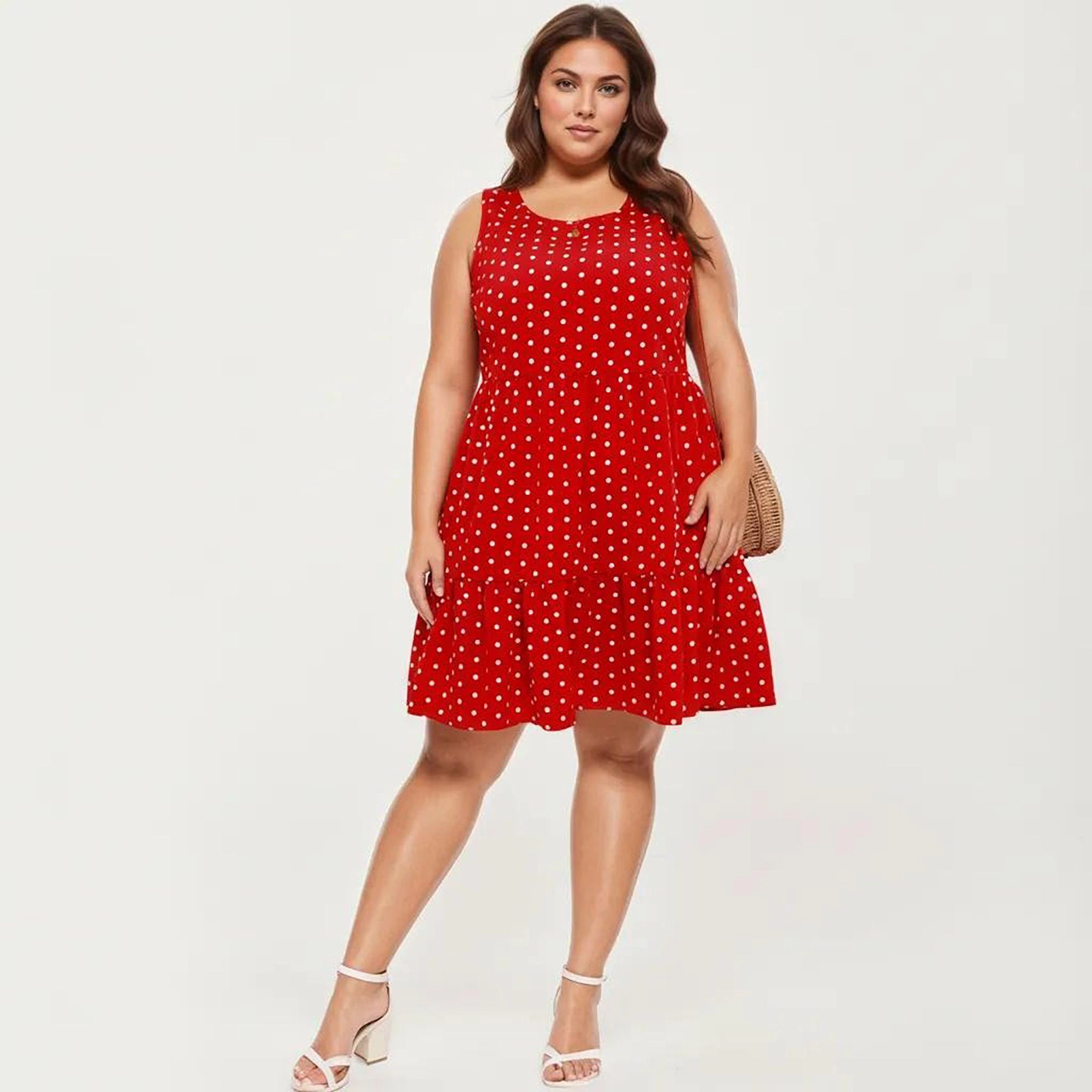 Anna-Kaci Women's Plus Sleeveless Scoop Neck Polka Dot Print Tiered Skirt Flowy Babydoll Silhouette Dress