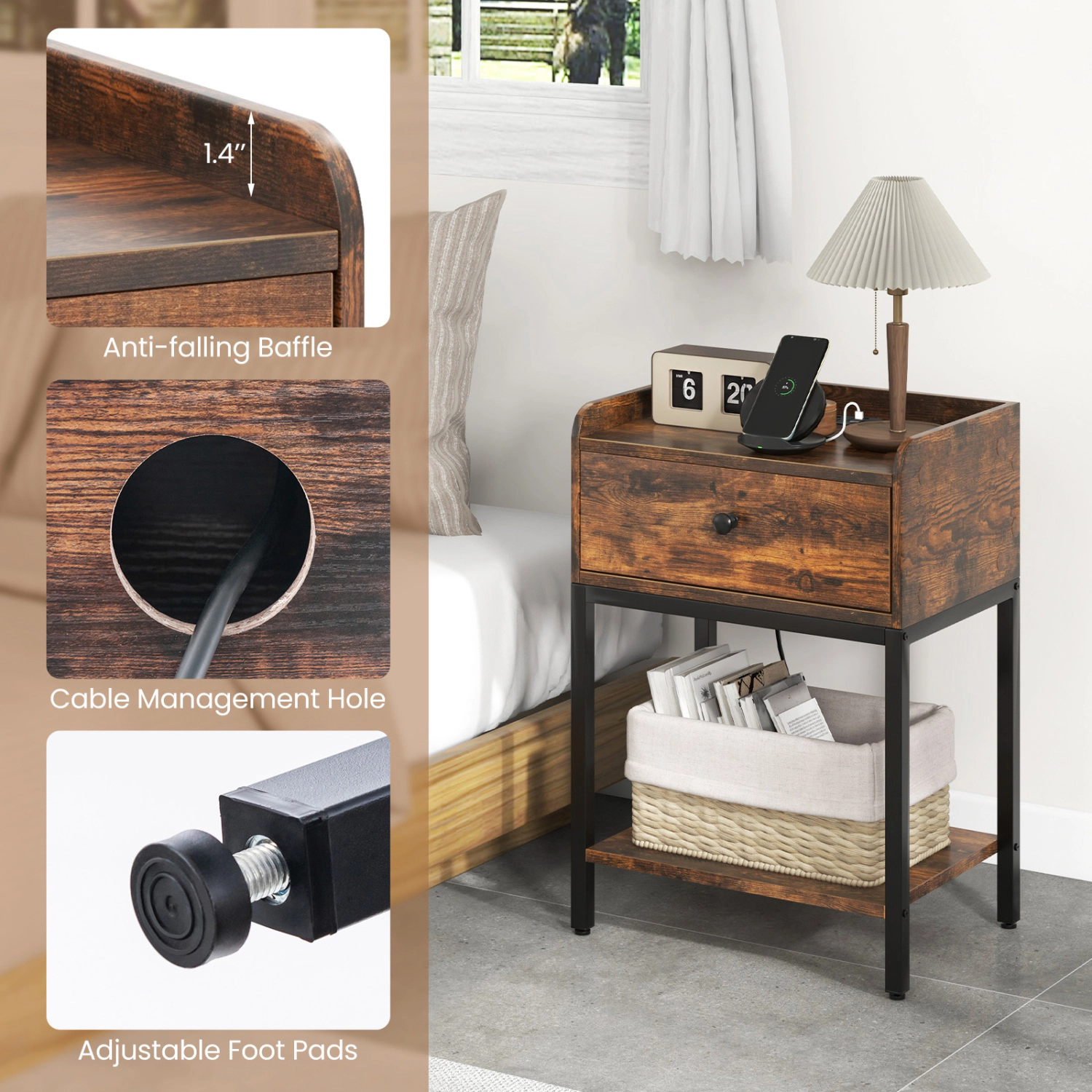 Hivvago Industrial Bedside Table Nightstand With Charging Station