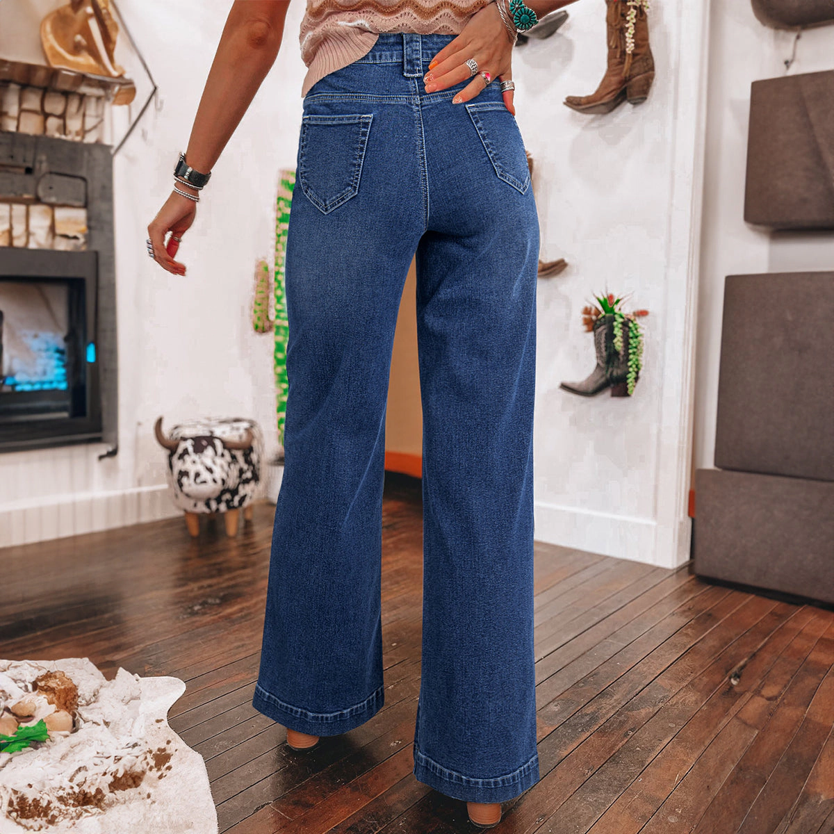 Sol Living Sail Blue Wide Leg Pocketed High Waist Jeans