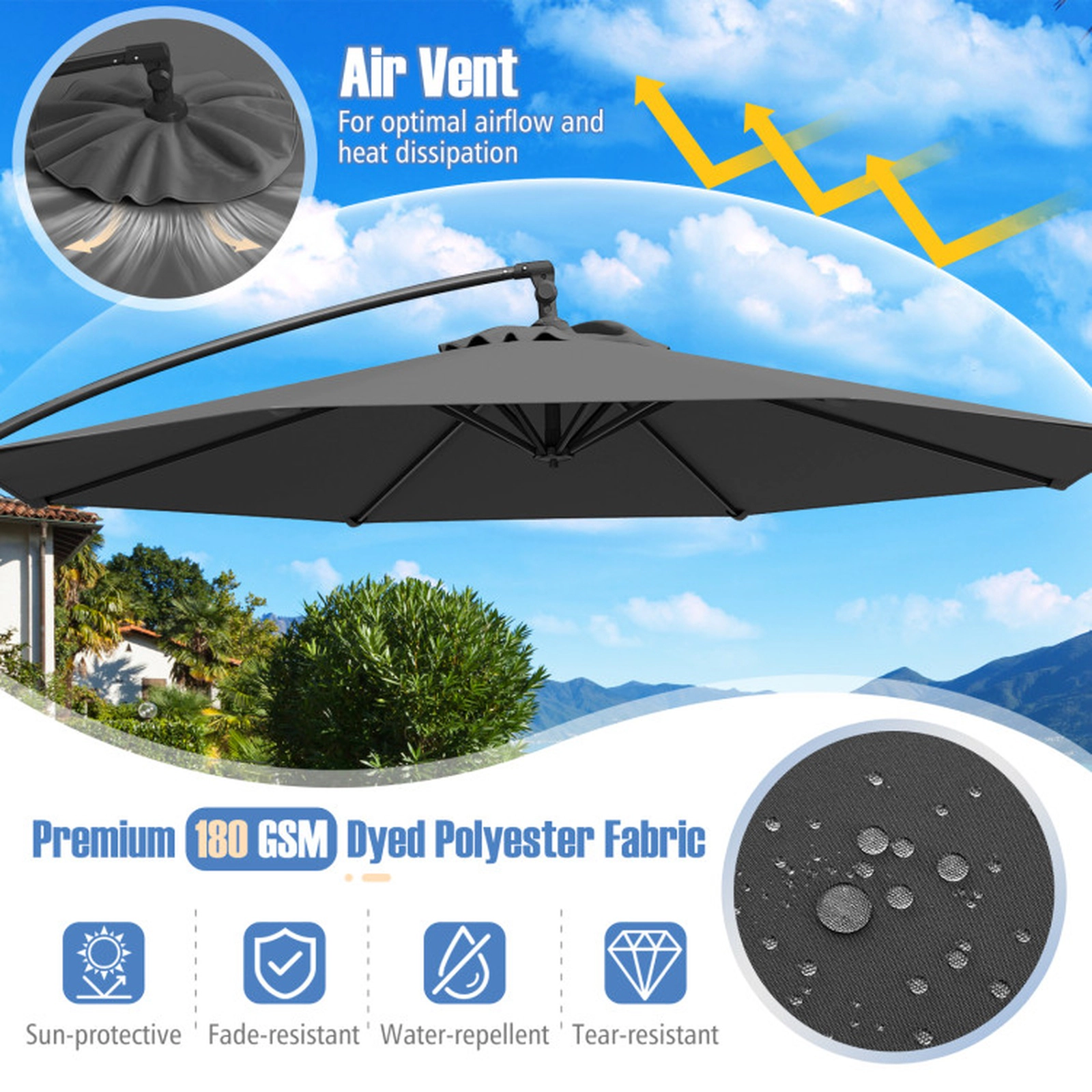 SUGIFT 10-ft Gray Offset Cantilever Patio Umbrella with Silent Crank Vented Top and Weighted Base
