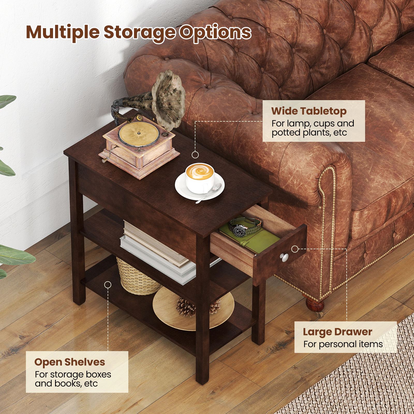 Glintex 3-Tier Narrow End Table with Drawer and Two Storage Shelves, Walnut