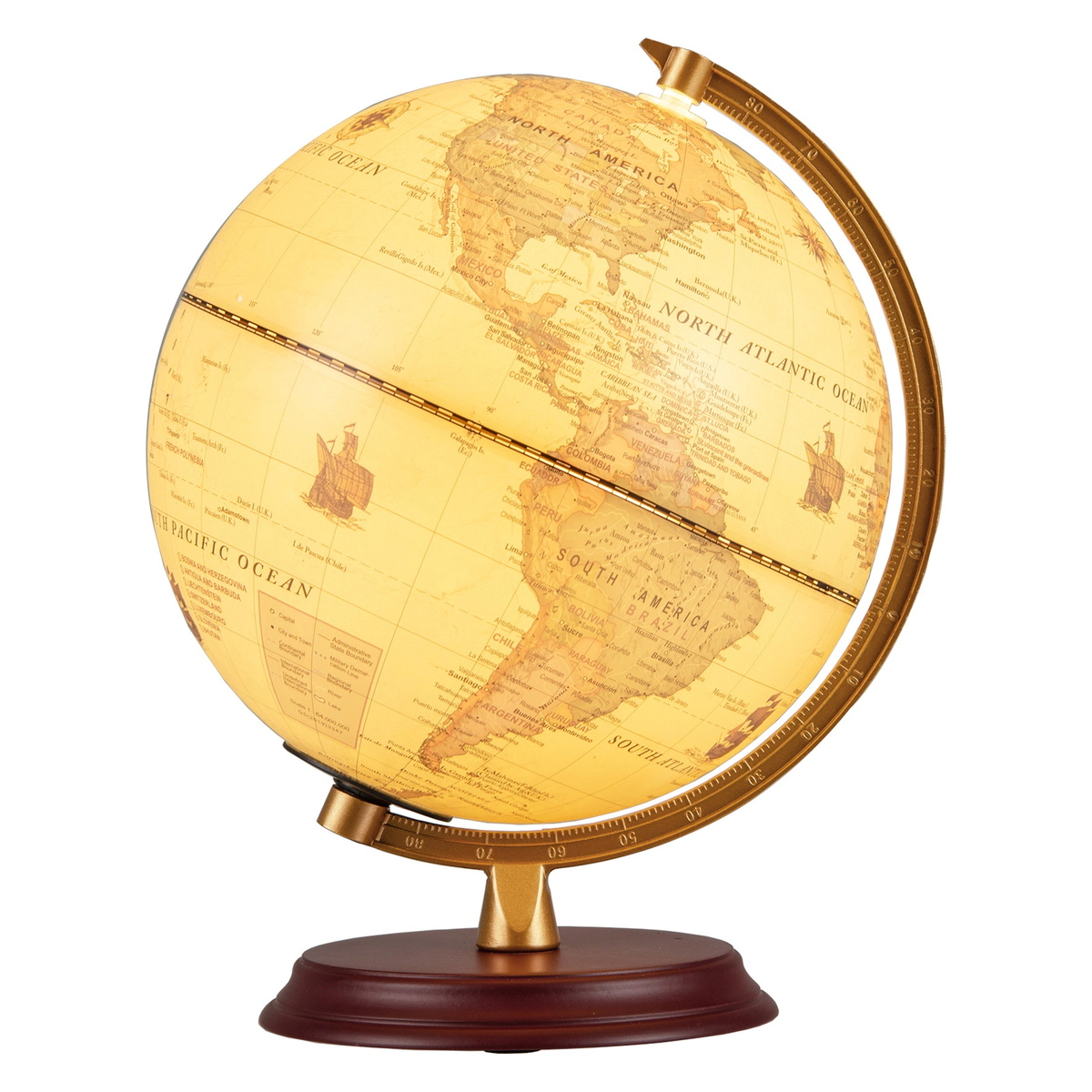 SUGIFT Kids Antique Style LED Light Up Wooden Stand World Globe 8-in Diameter 8.5-in x 8.5-in x 10.5-in Bronze