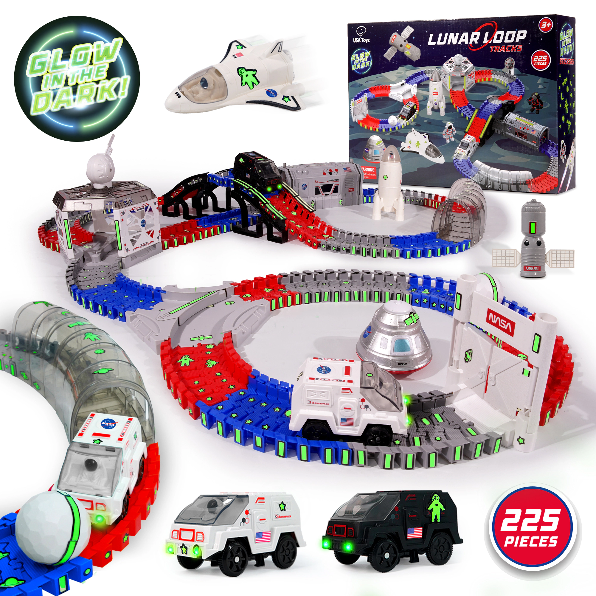 USA Toyz Lunar Loop NASA Space Tracks Playset 225 Pieces Interactive STEM Race Track Toy