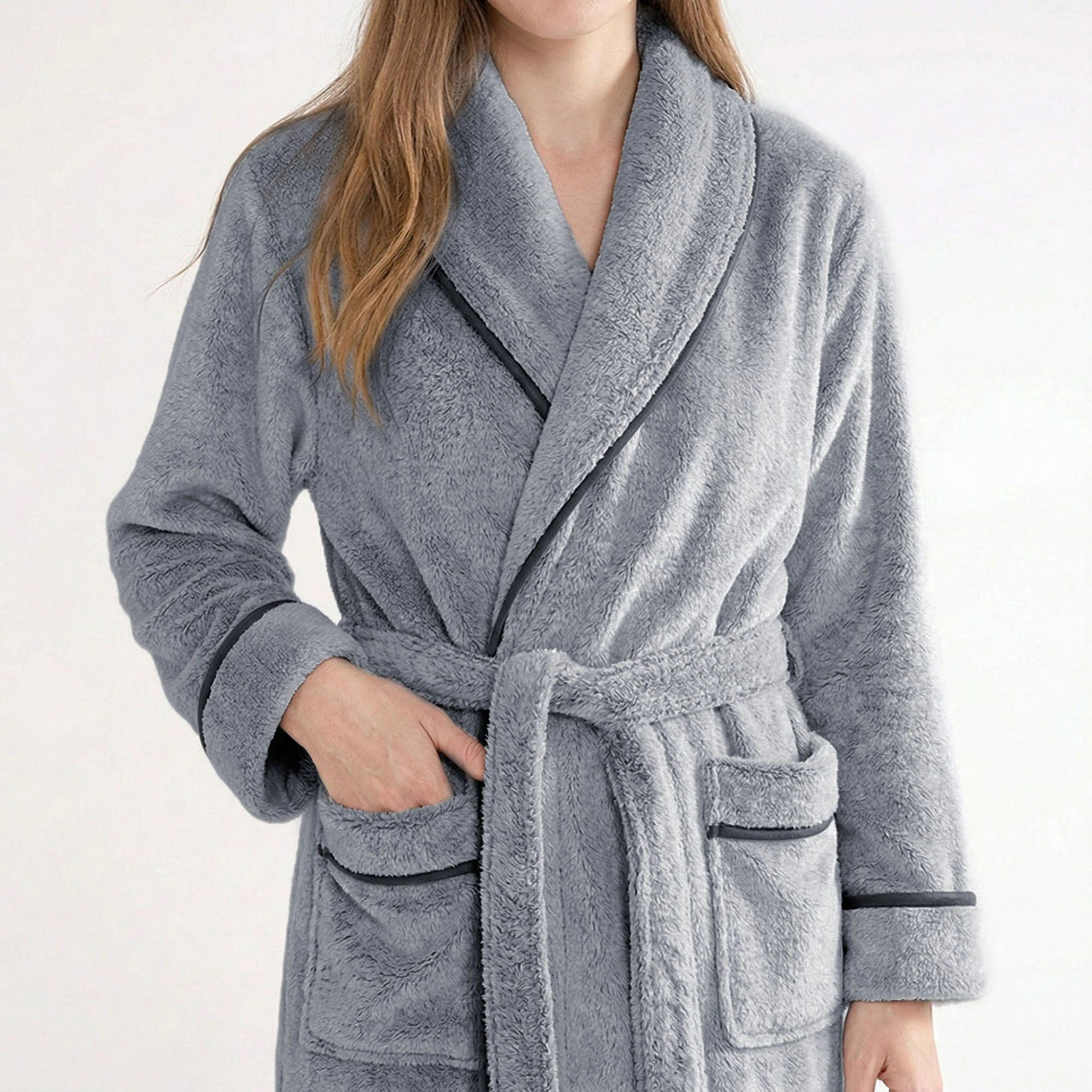 Anna-Kaci Women's Plush Long Sleeve Shawl Collar Bathrobe with Contrast Trim and Adjustable Waist Tie Belt