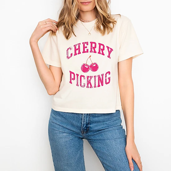 Simply Sage Market - Cherry Picking Varsity Arched - Women's Boxy Crop Top Graphic T-Shirt