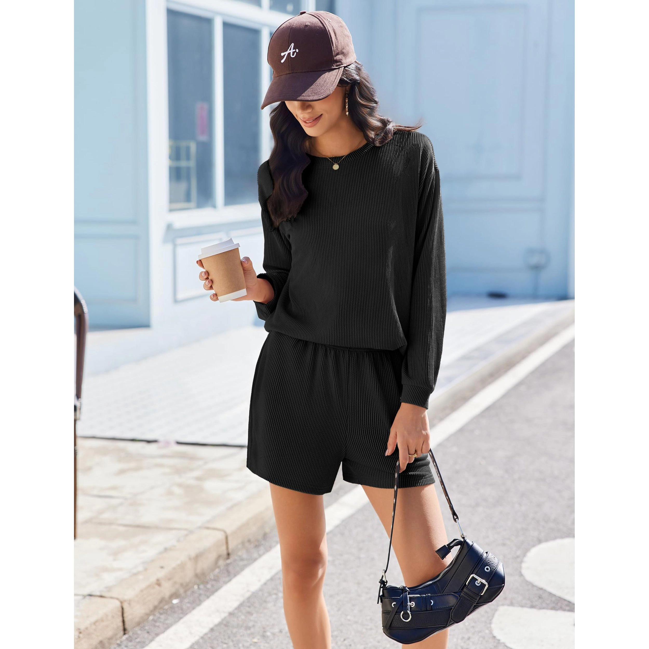 Ekouaer Two Pieces Lounge Set for Women Long Sleeve Pajamas Top and Shorts Matching Sets Outfits