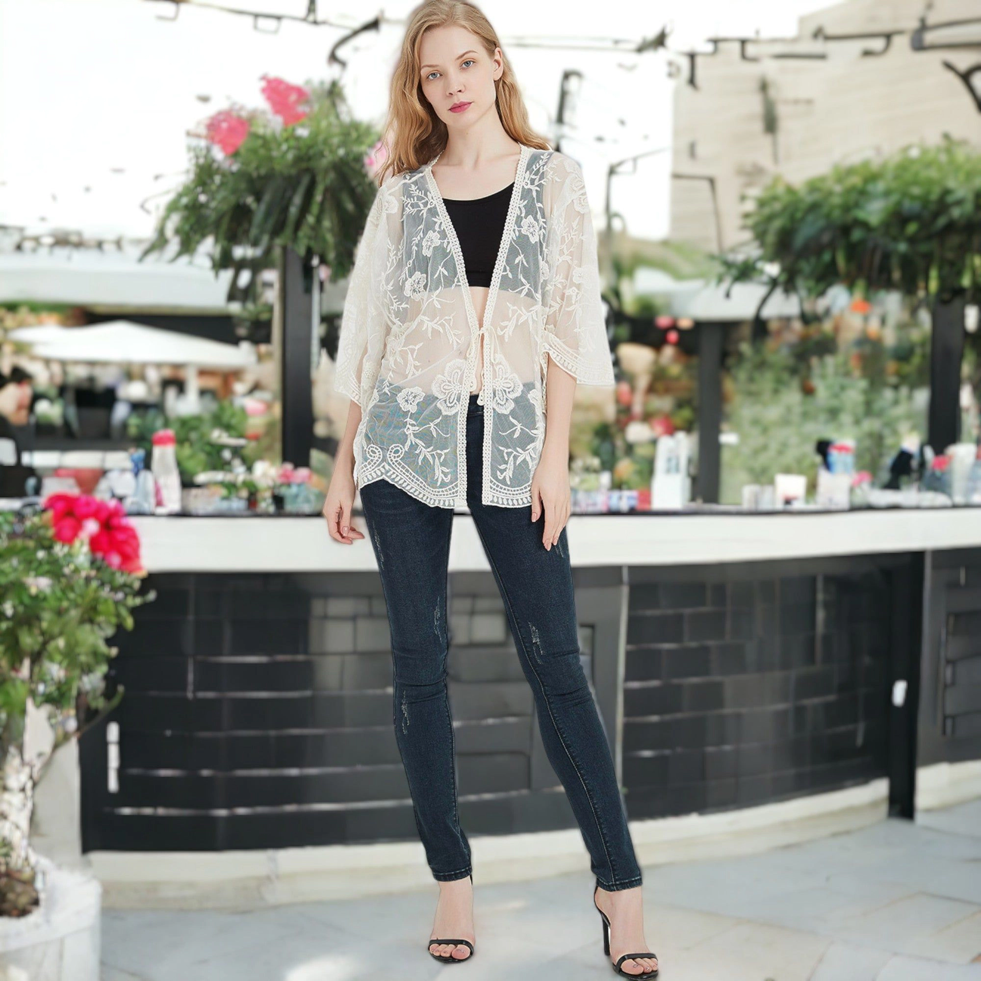 Anna-Kaci Women's Short Embroidered Lace Duster Crop Cardigan