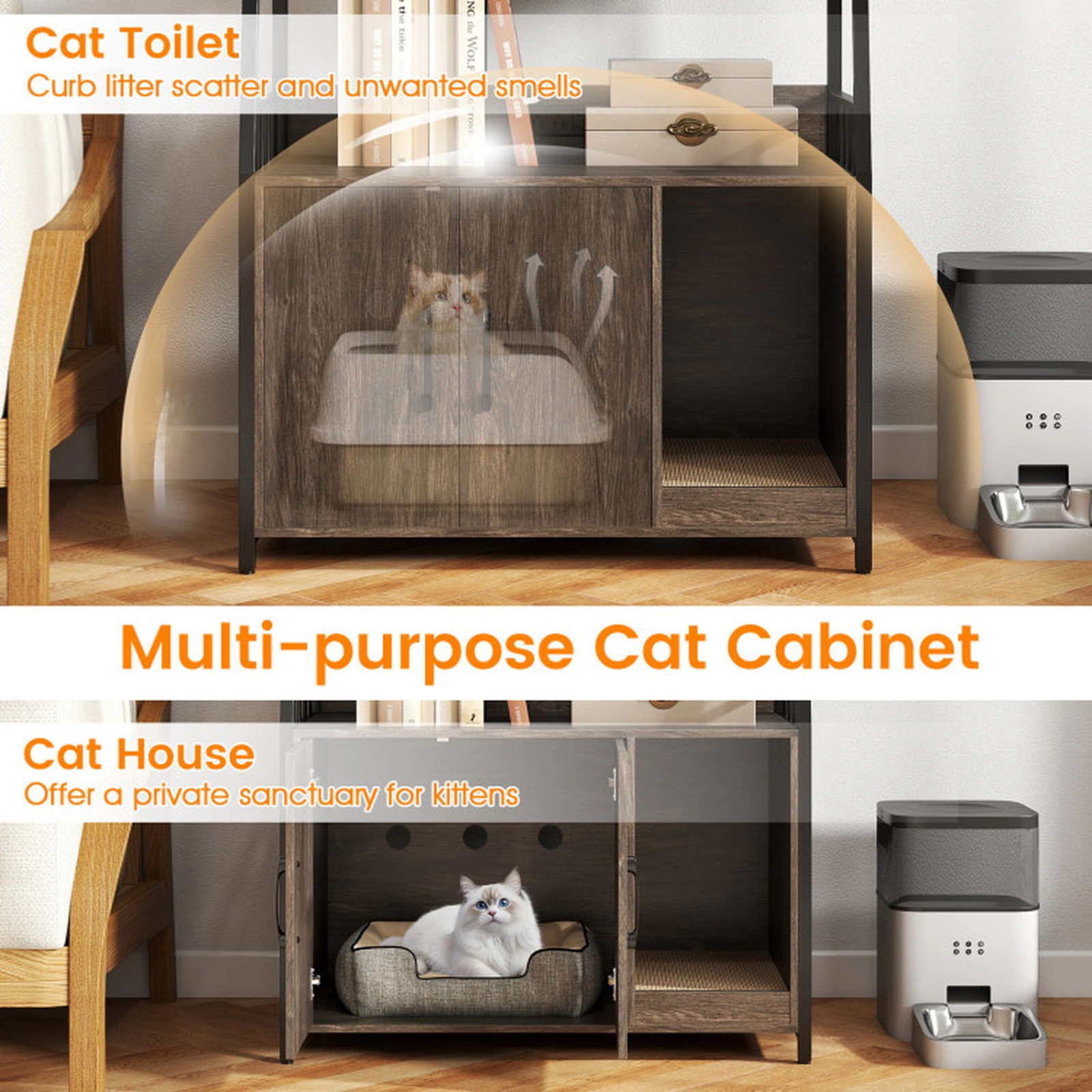 SUGIFT Gray Cat Litter Box Enclosure with 2 Open Shelves 31.5-in W 15.5-in D 52-in H 88-lb Cabinet Capacity