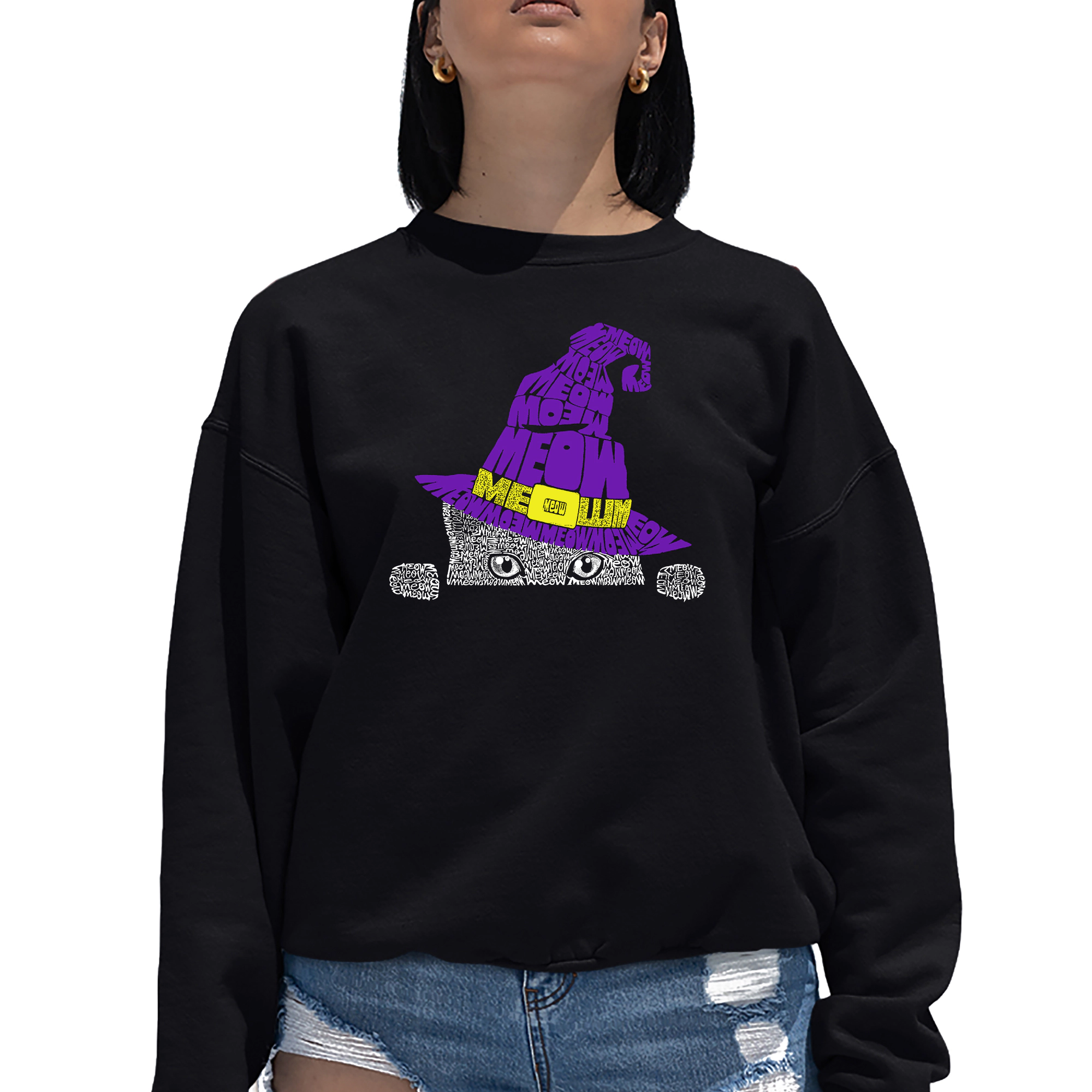 LA Pop Art Peeking Witch Cat - Women's Word Crewneck Sweatshirt