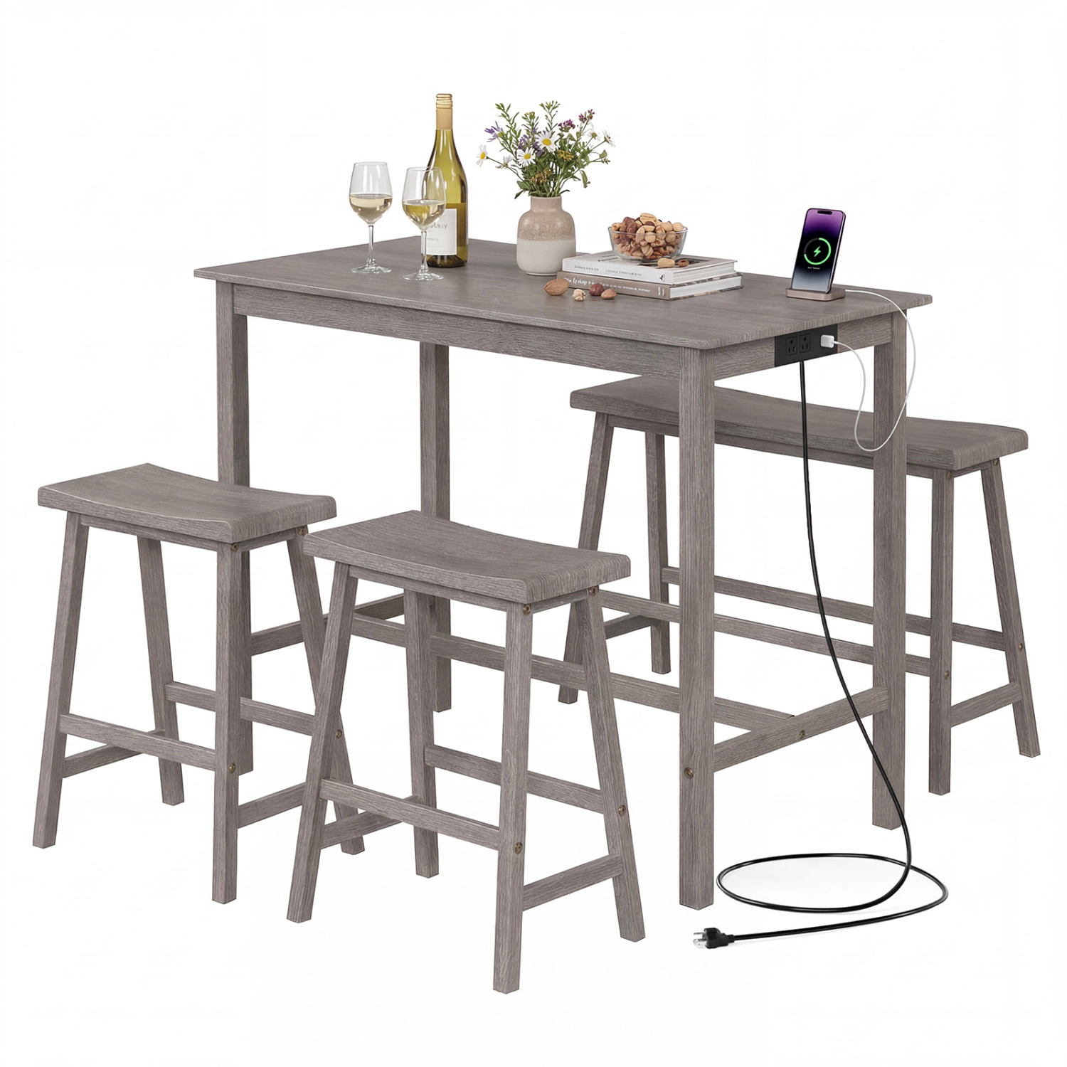 LJG 4-Piece Counter Height Dining Table Set with Power Outlet Solid Rubber Wood Kitchen
