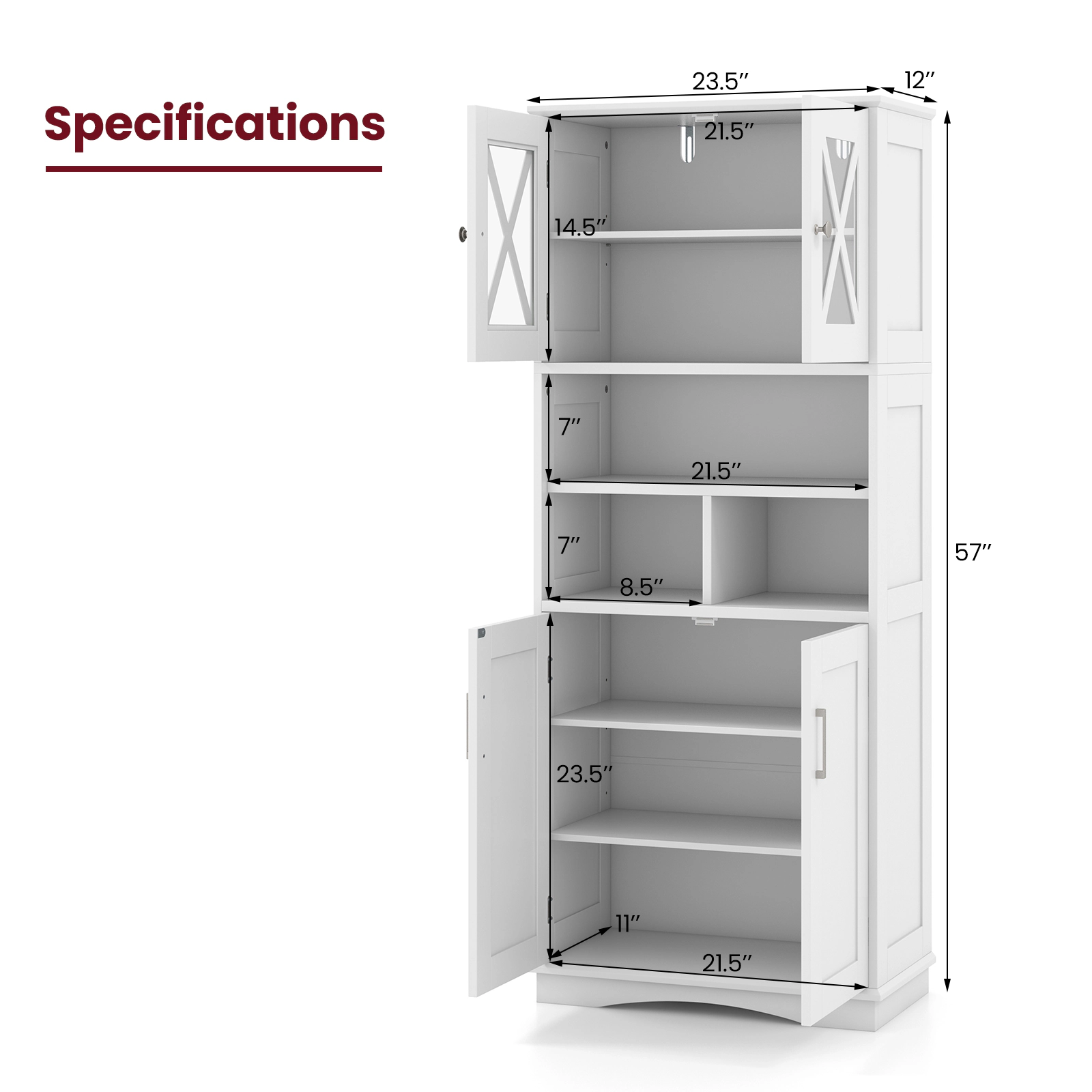 SUGIFT White 57-in Tall 100-lb Capacity Bathroom Floor Storage Cabinet with Acrylic Doors and 3 Open Cubes