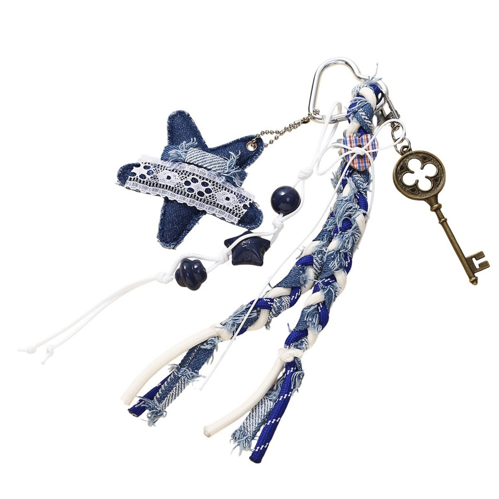 Alilang Women's Denim Heart Charm Keychain with Braided Straps and Vintage Key Accent