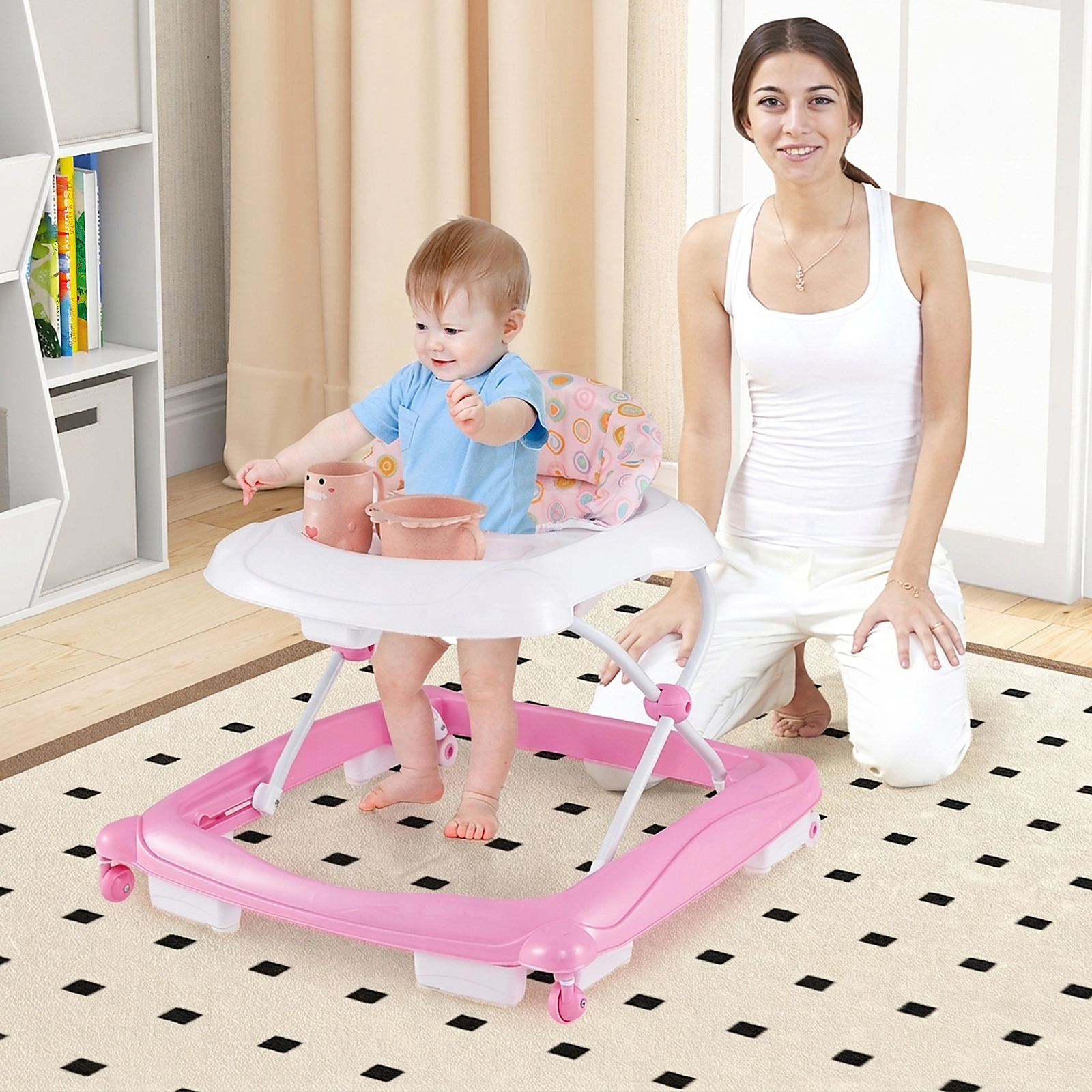 Foldable Baby Walker with 3 Tool-Free Height Settings Music Tray with Lights and Machine-Washable Padded Seat Pink