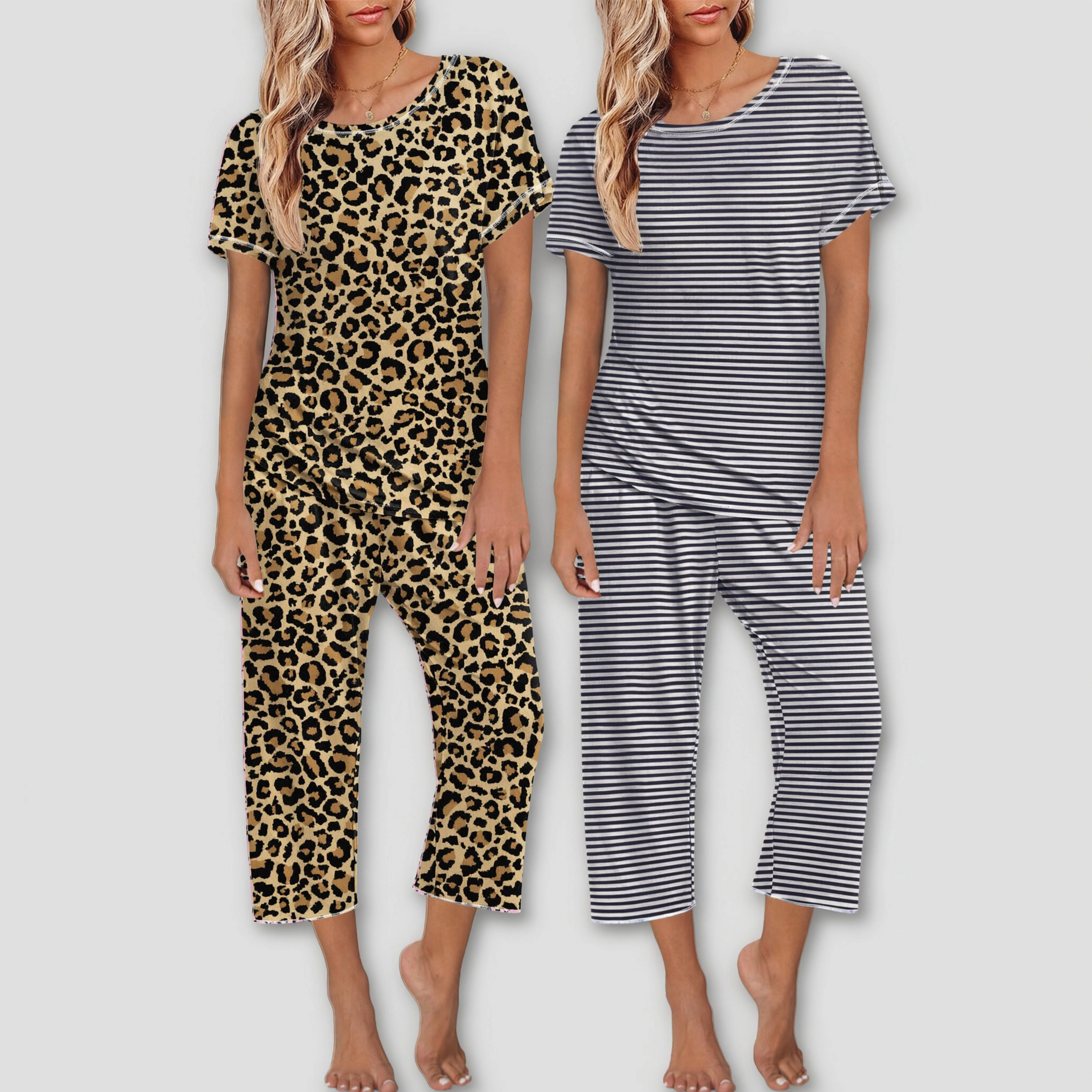 Ekouaer Women's Round Neck Short Sleeve Pajama Set with Capri Pants