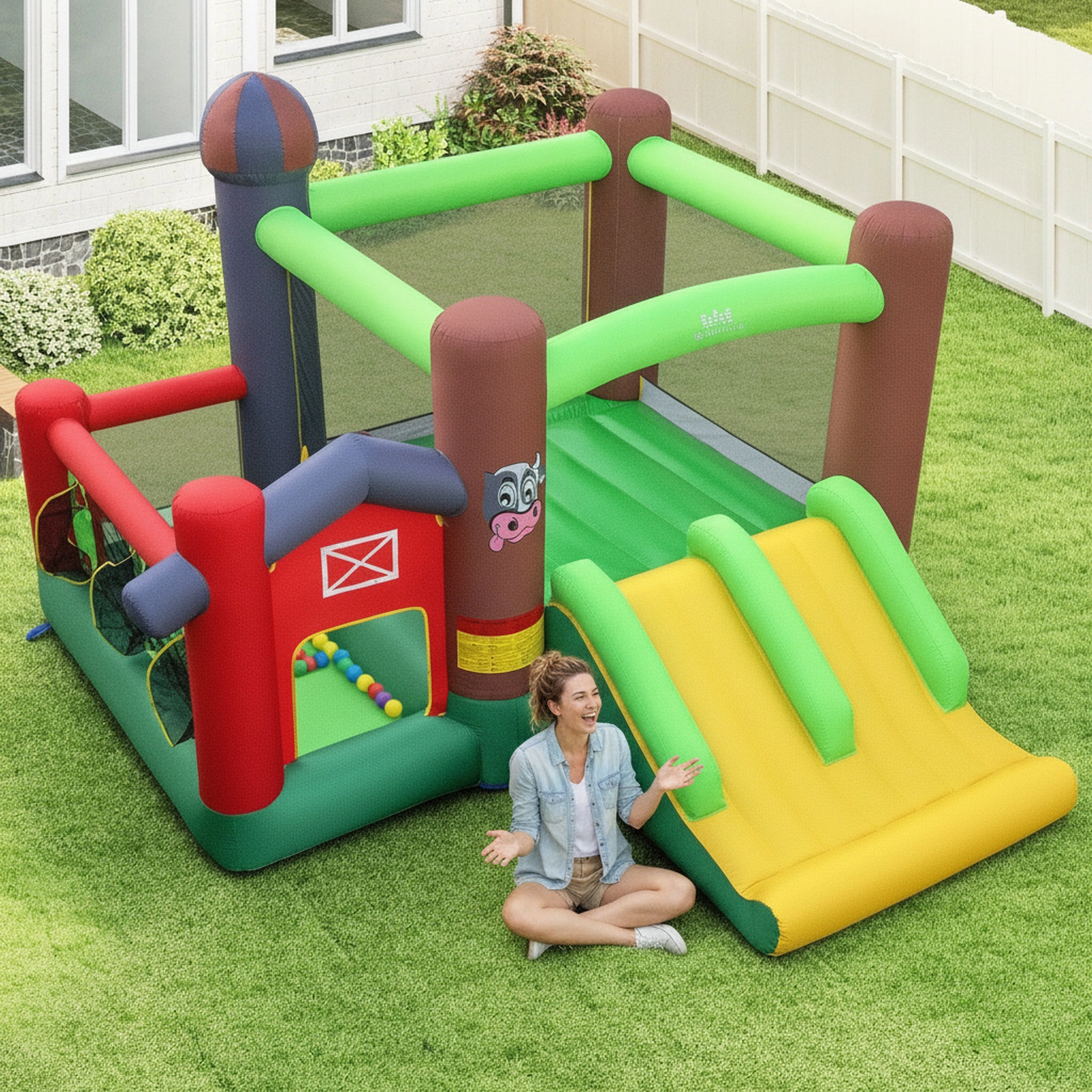 6-in-1 Inflatable Bounce House with Double Slides Basketball Hoop Ball Pit and Ocean Balls for 3 Kids 300-lb Capacity