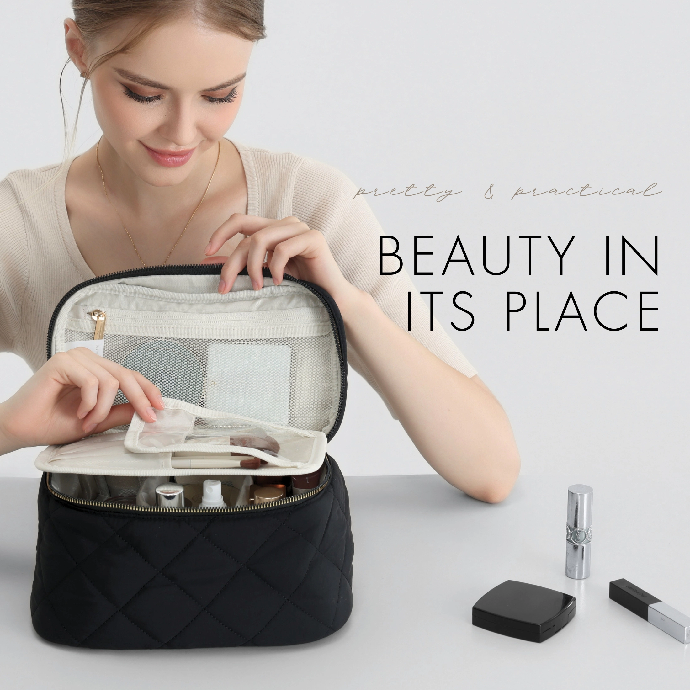 Hynes Eagle Women's Quilted Top Handle Makeup Bag