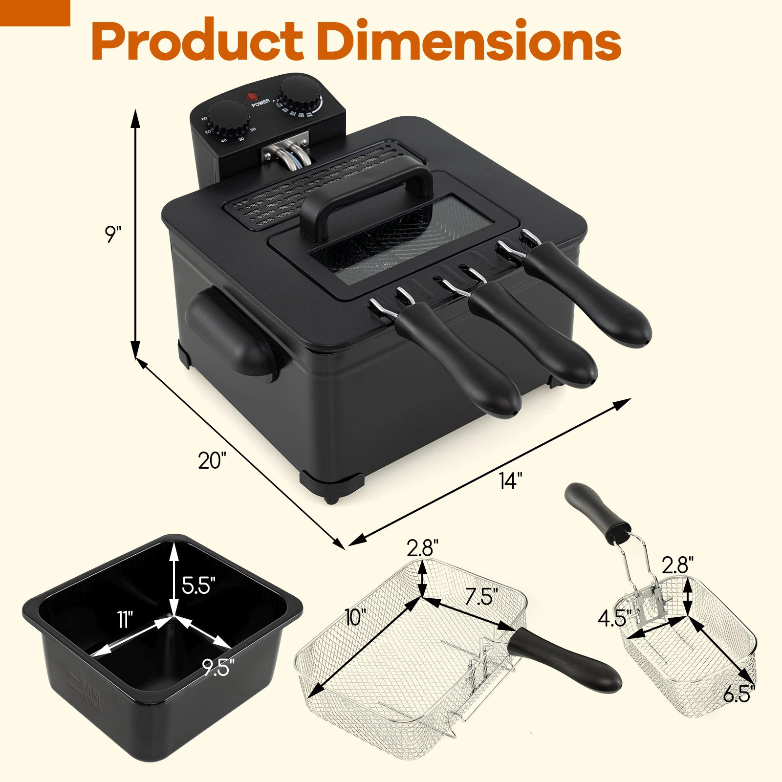 SlickBlue Black Electric Deep Fryer 1700W, 5.3Qt Oil Pot, 3 Baskets, Adjustable Heat