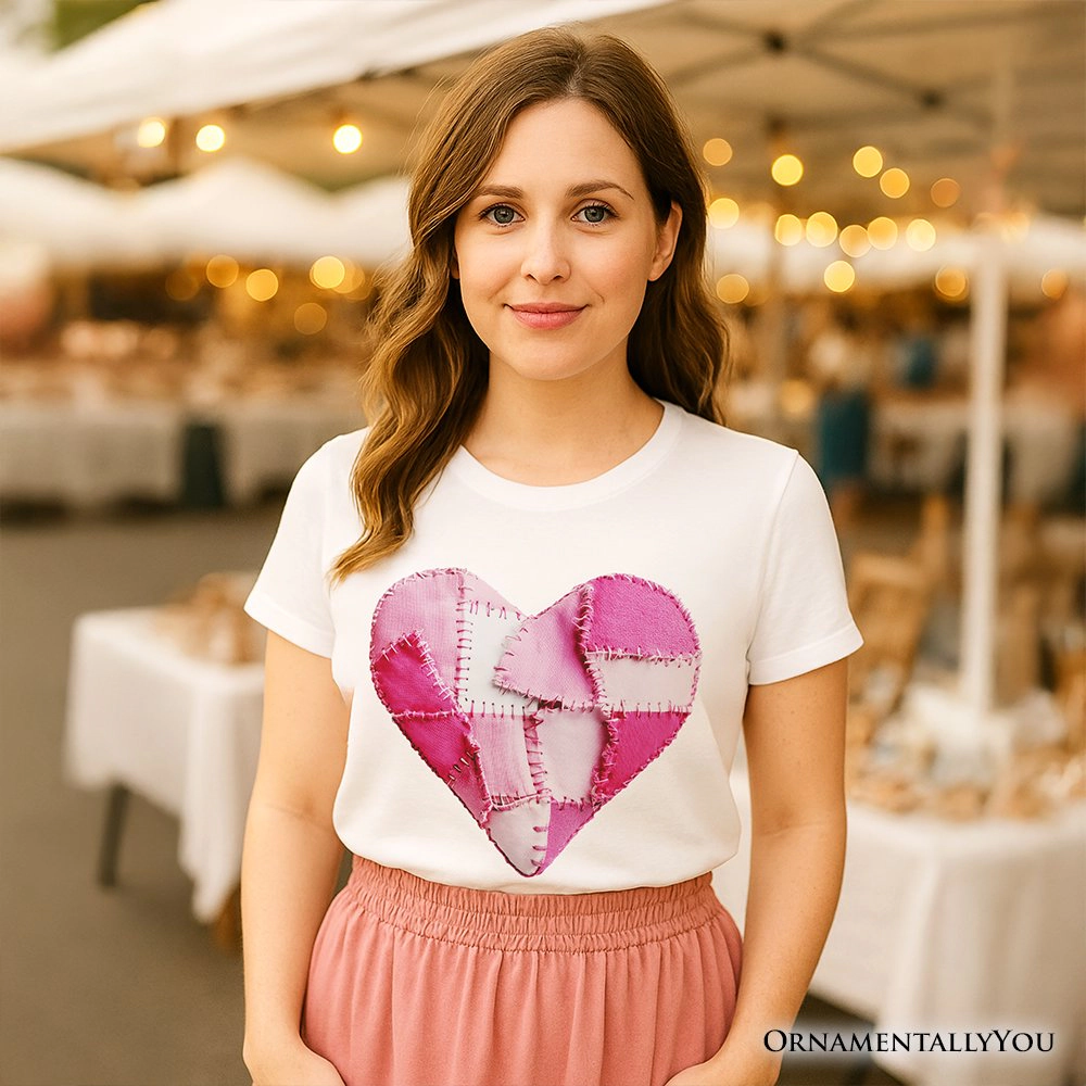 OrnamentallyYou Womens Patchwork Pink Heart Valentine T-Shirt