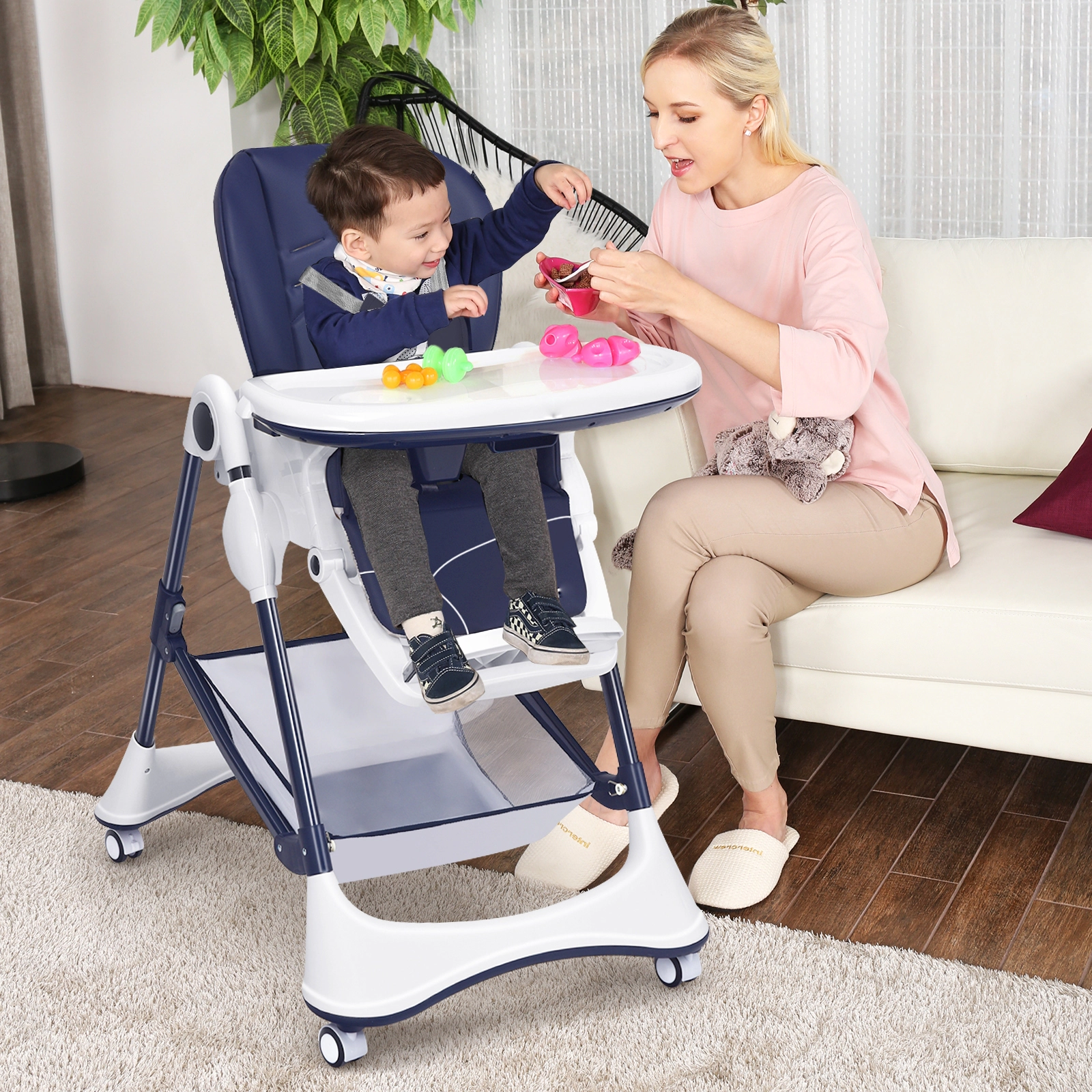 A-Frame Foldable Baby High Chair 4 Lockable 360-Degree Wheels 7 Adjustable Heights 50-lb Capacity 0 to 36 Months Navy