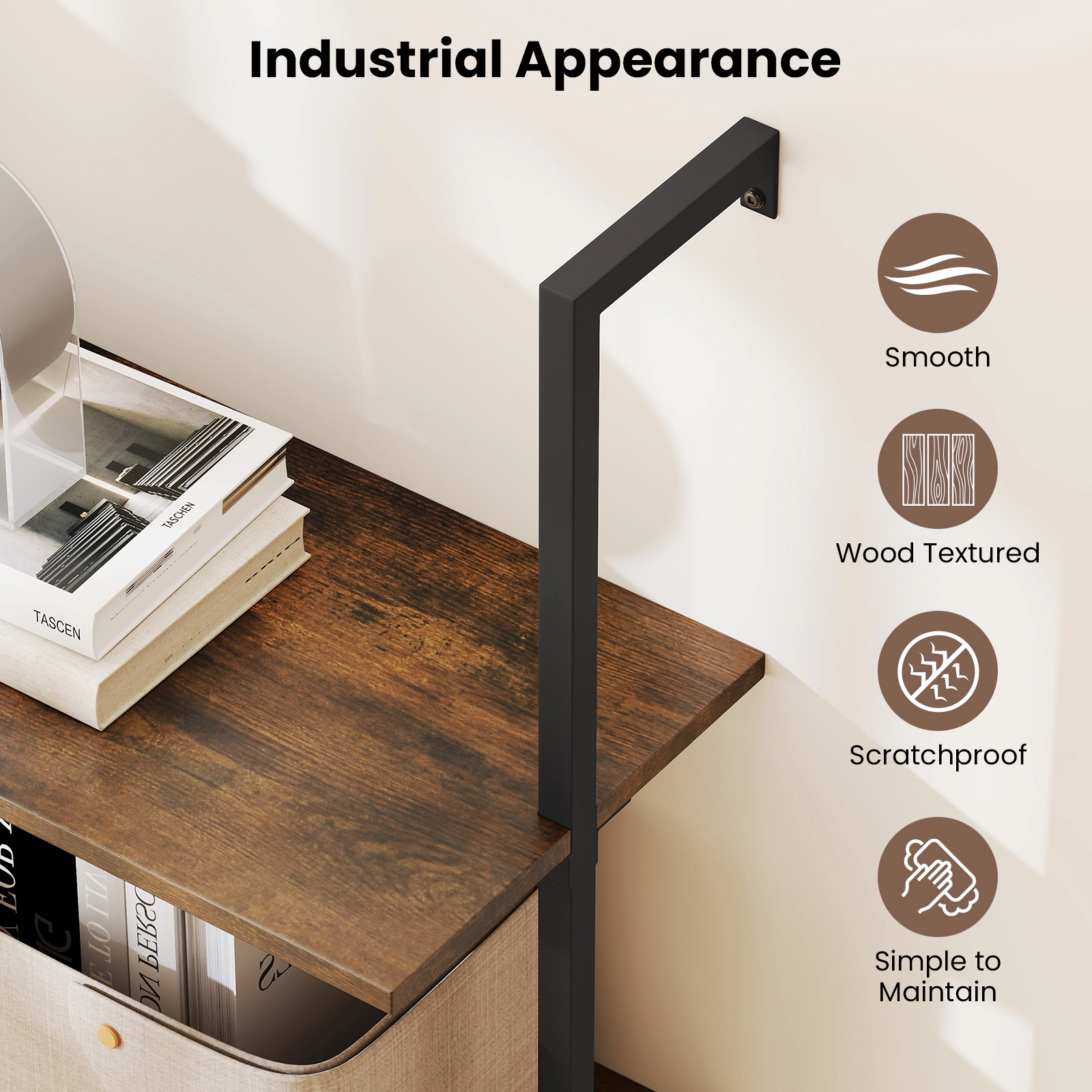 SUGIFT Brown 4-Tier Industrial Ladder Bookshelf Wall Mounted with Metal Frame