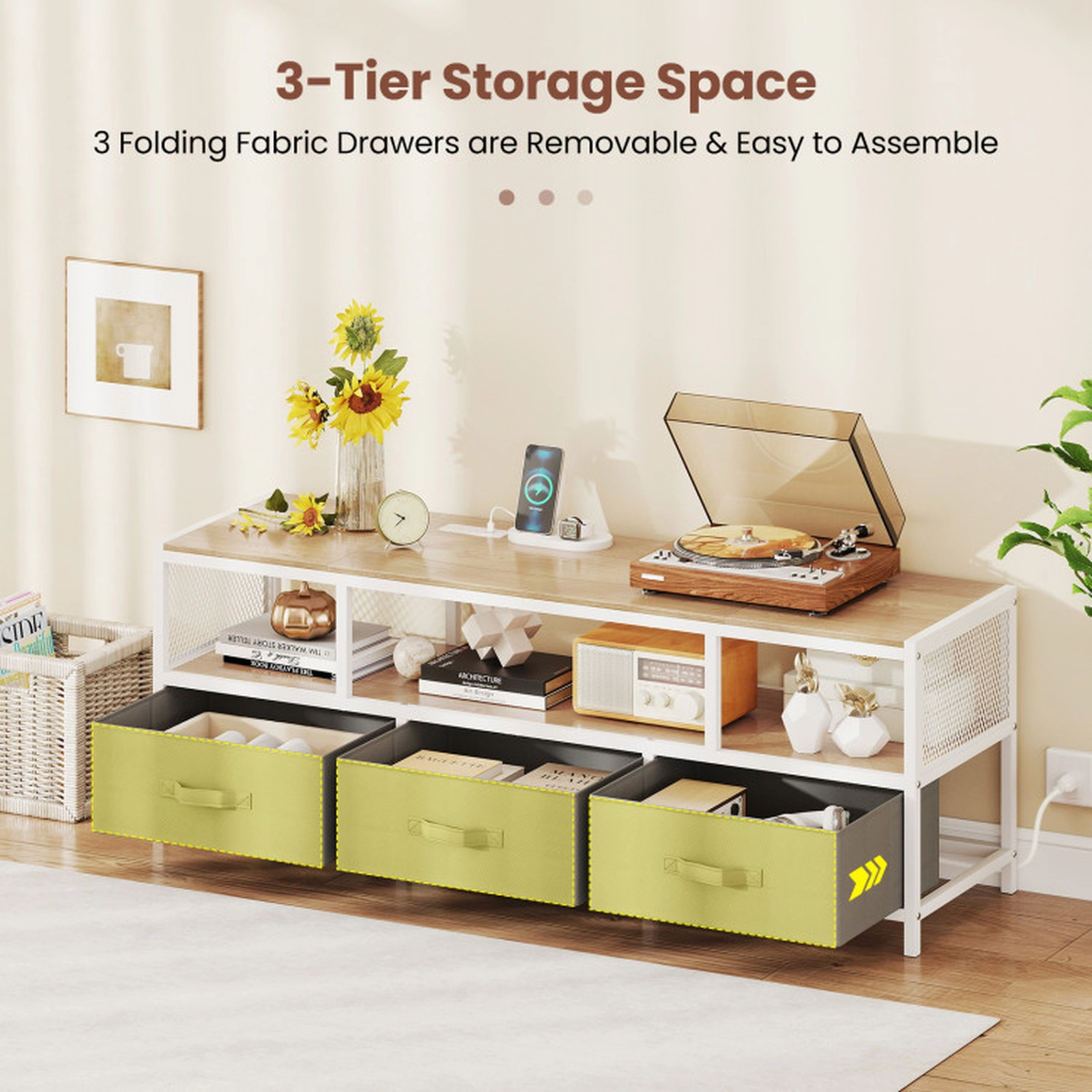 SUGIFT 55 in TV Stand Natural with Power Outlets USB Charging and Fabric Drawers