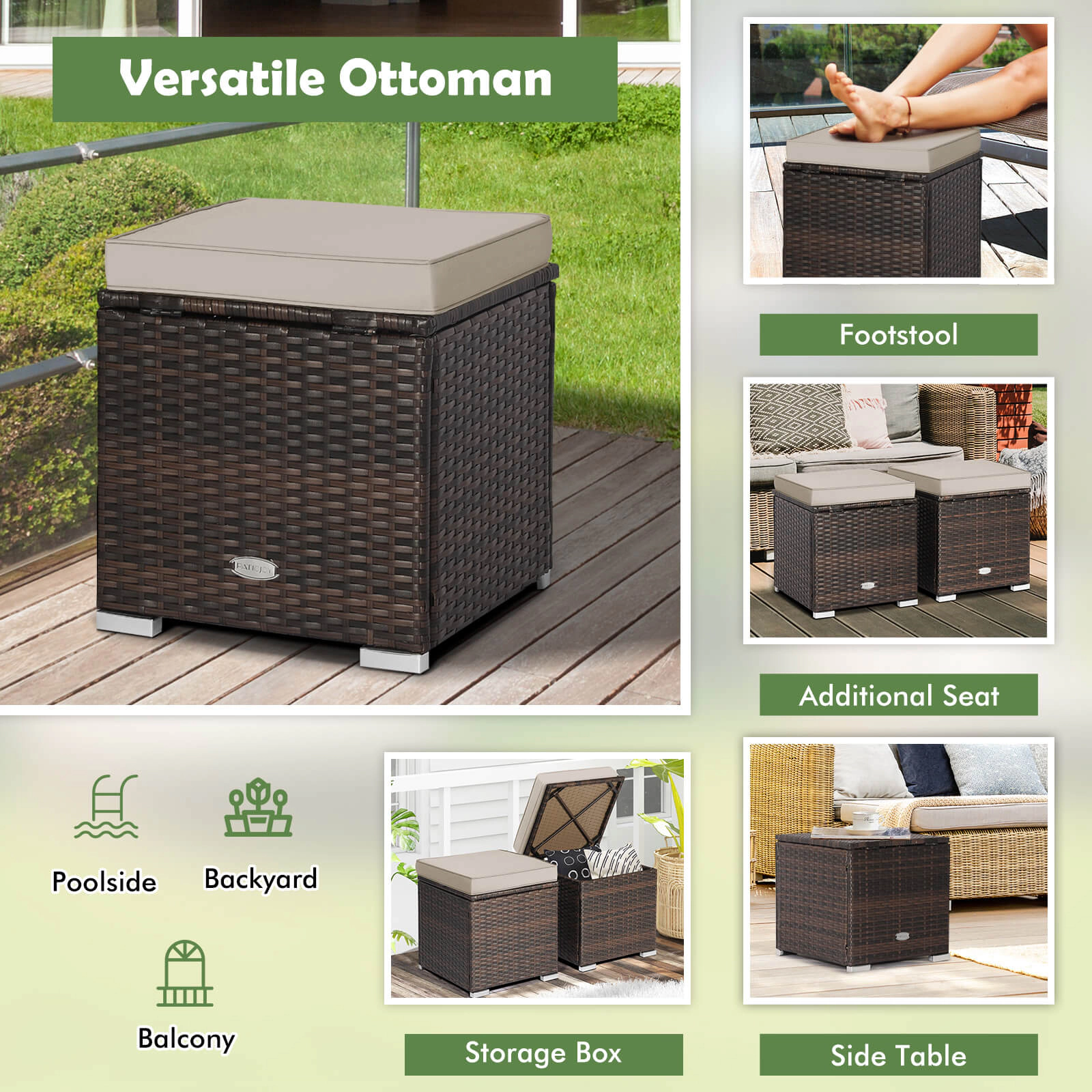 SUGIFT Hidden Storage and Removable Cushions 2-Piece Patio Wicker Ottoman Set