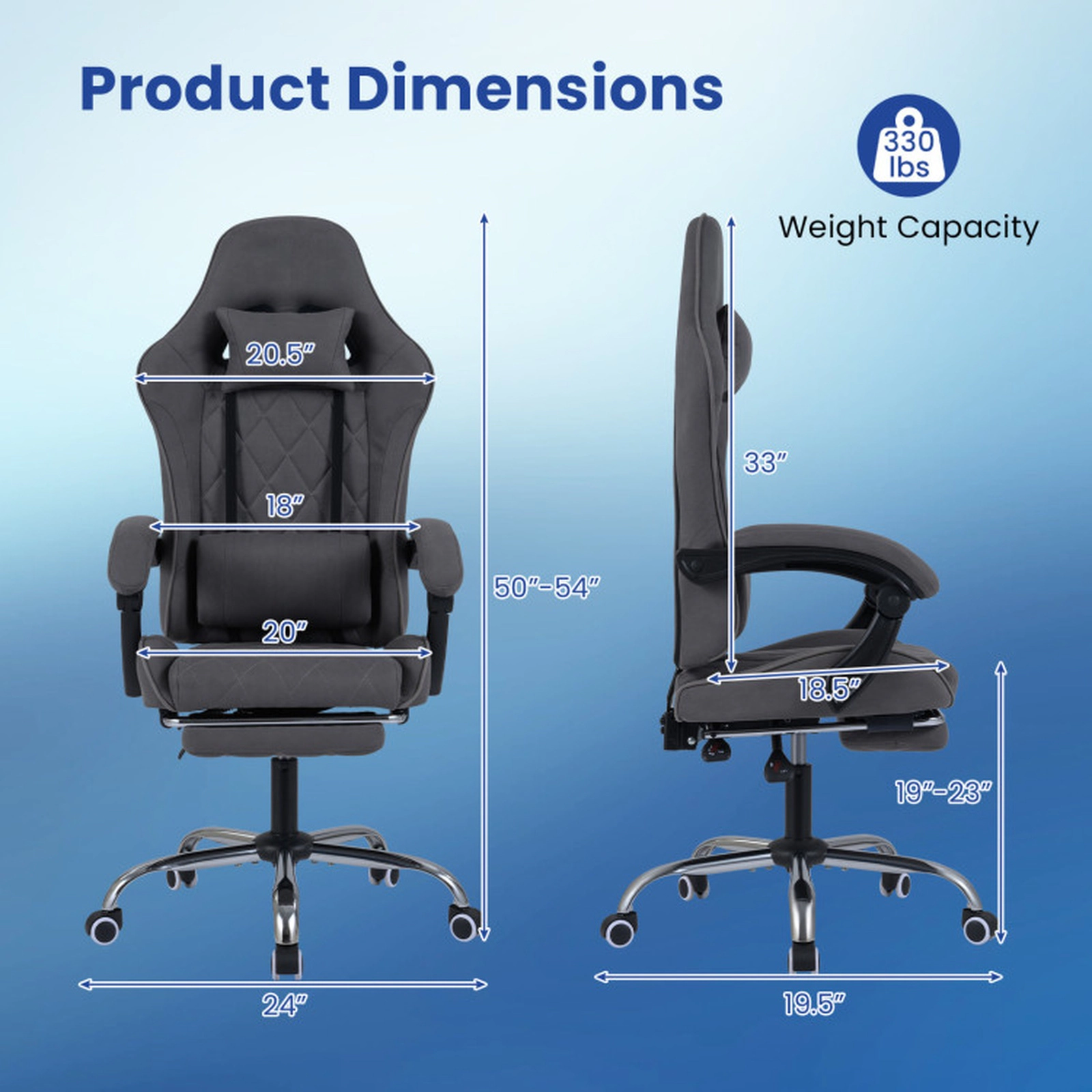SUGIFT Grey Ergonomic Gaming Chair, 33-in High Back, Footrest
