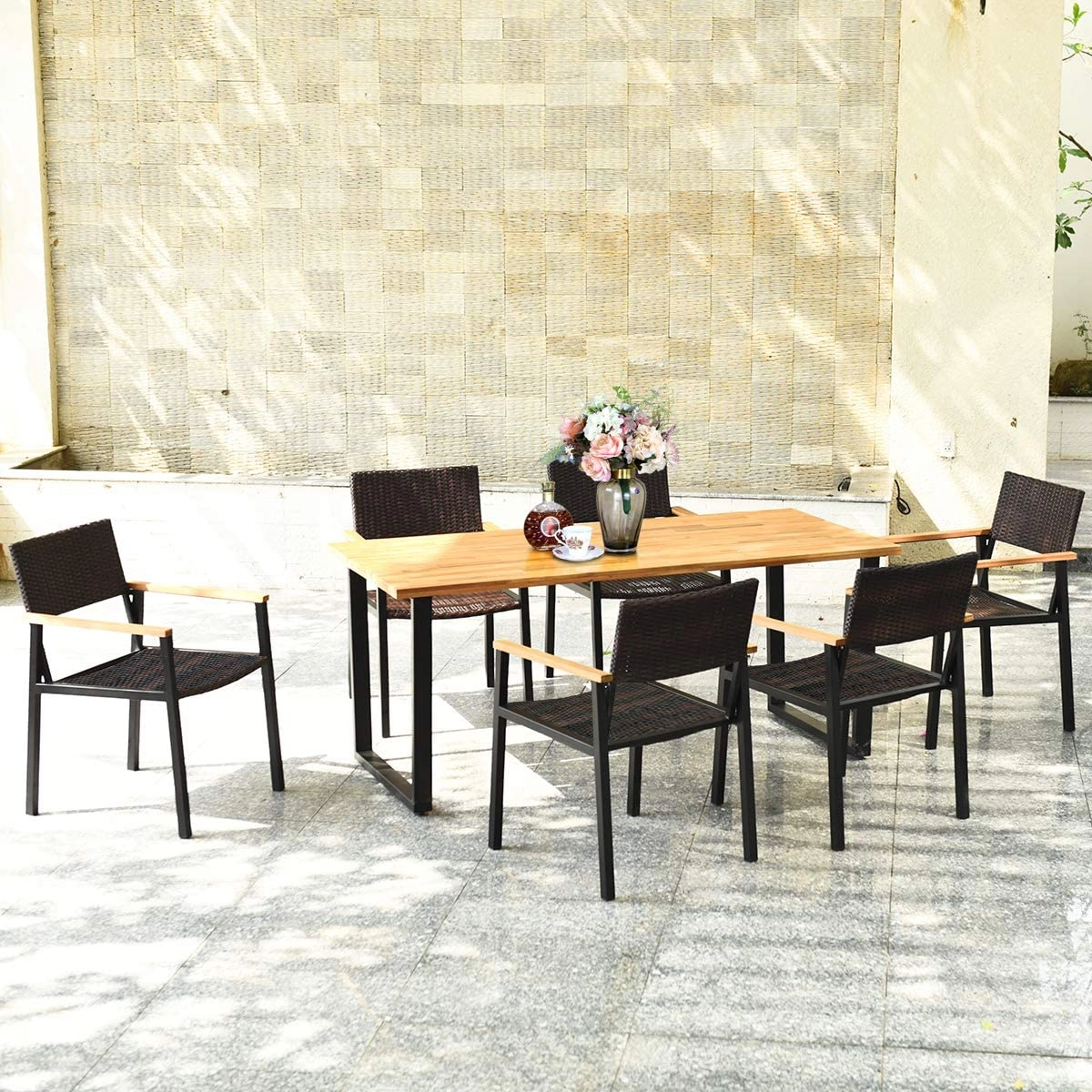 LJG Patented 7 Pieces Outdoor Dining Set with Large Acacia Wood Table Top