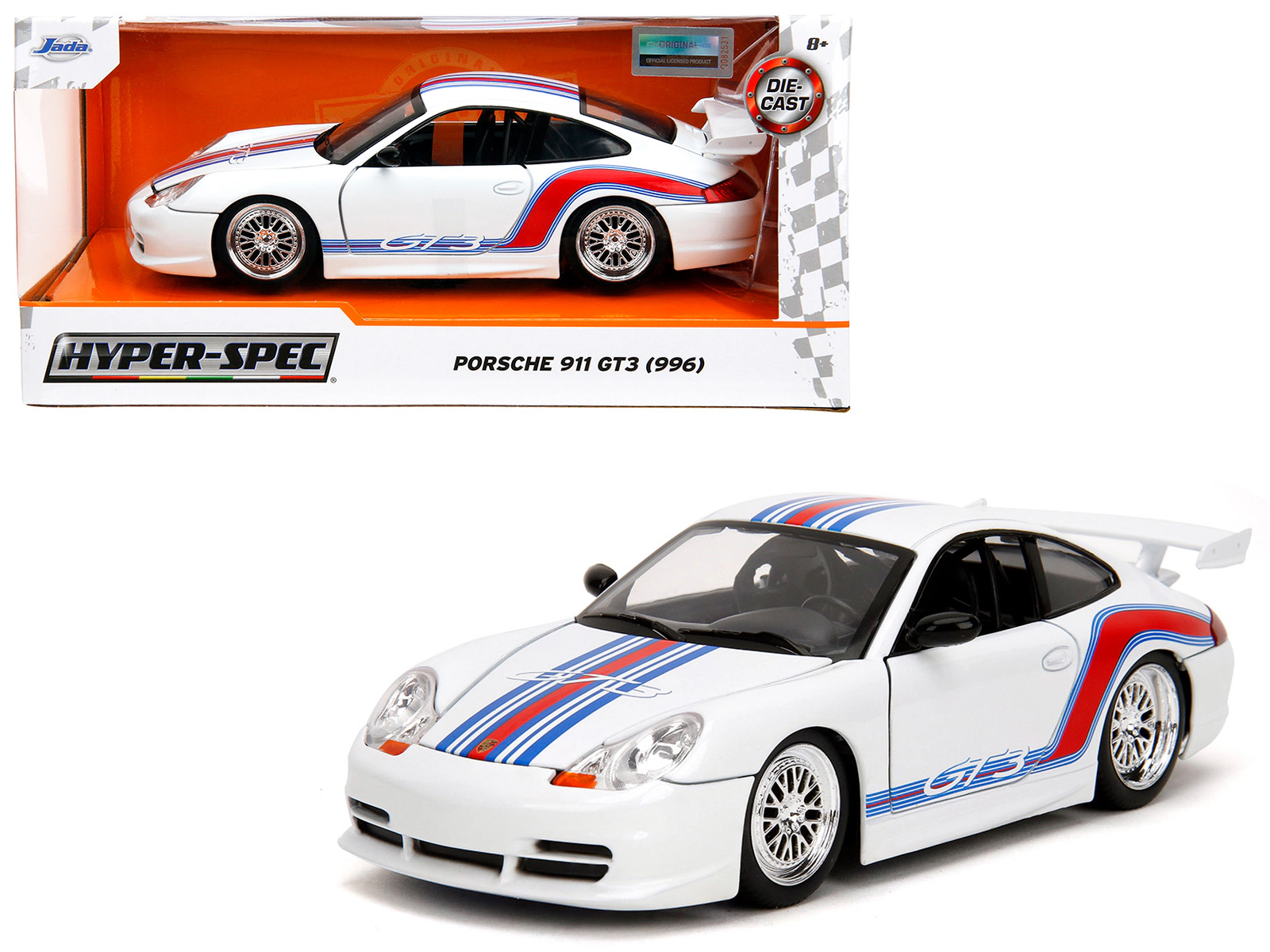 Jada Porsche 911 Gt3 (996) White With Red And Blue Stripes "Hyper-Spec" Series 1/24 Diecast Model Car By Jada