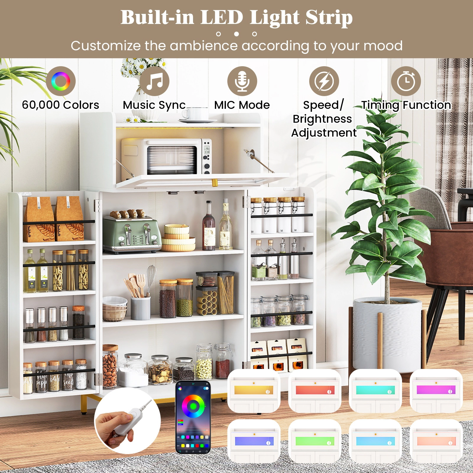 Glintex 43.5-Inch Pantry Cabinet with App-Controlled LED and Power Strip, White + Gold