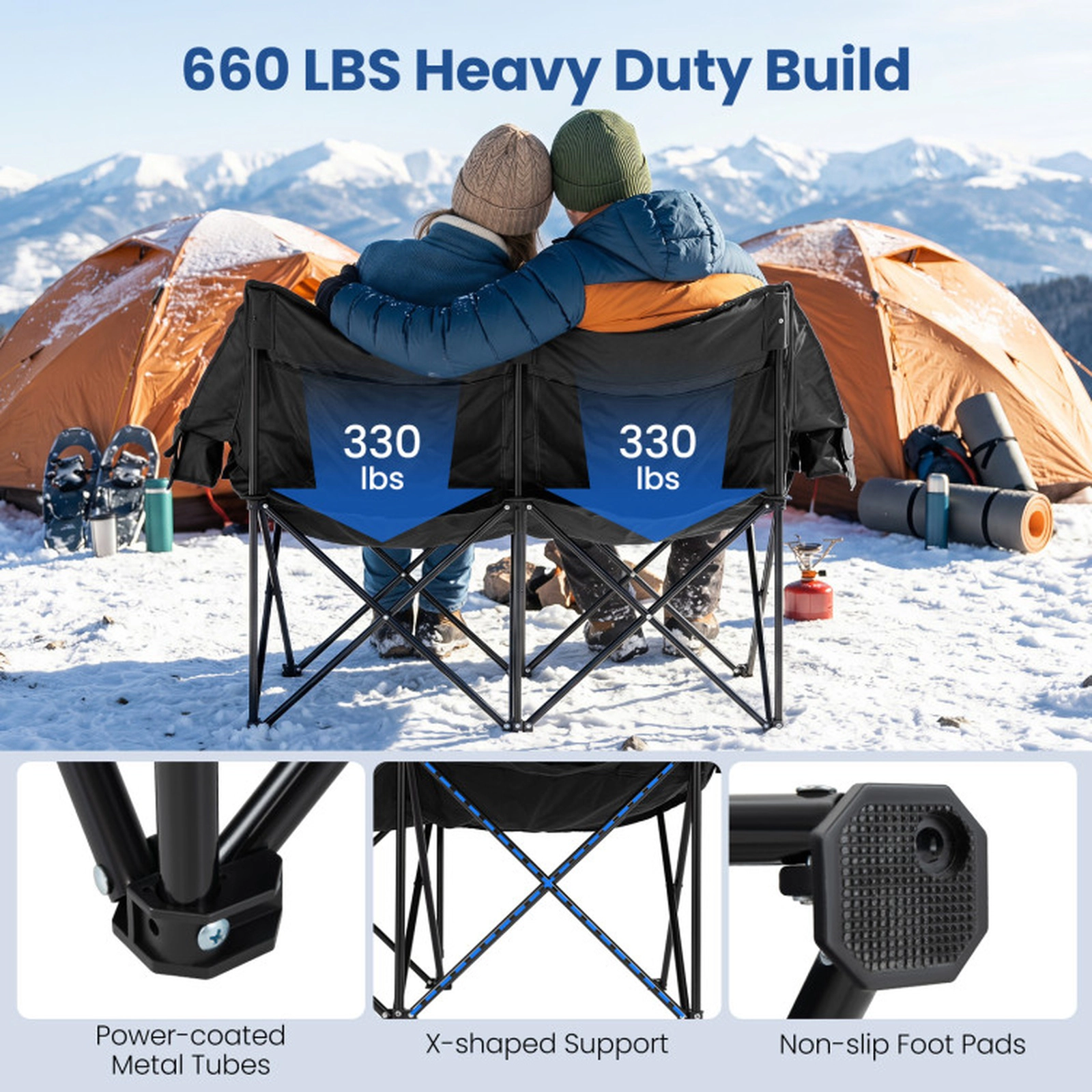 SUGIFT Black Heated 2-Person Camping Chair with 4 Heating Zones 58-in W 23.5-in D 37-in H 660-lb Seat Capacity