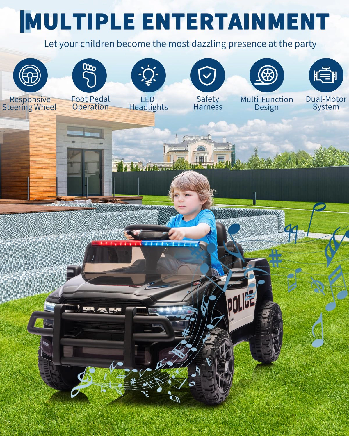 Licensed RAM 12V Kids Ride On Truck with Remote Control, Electric Pickup Car LED Lights and Music